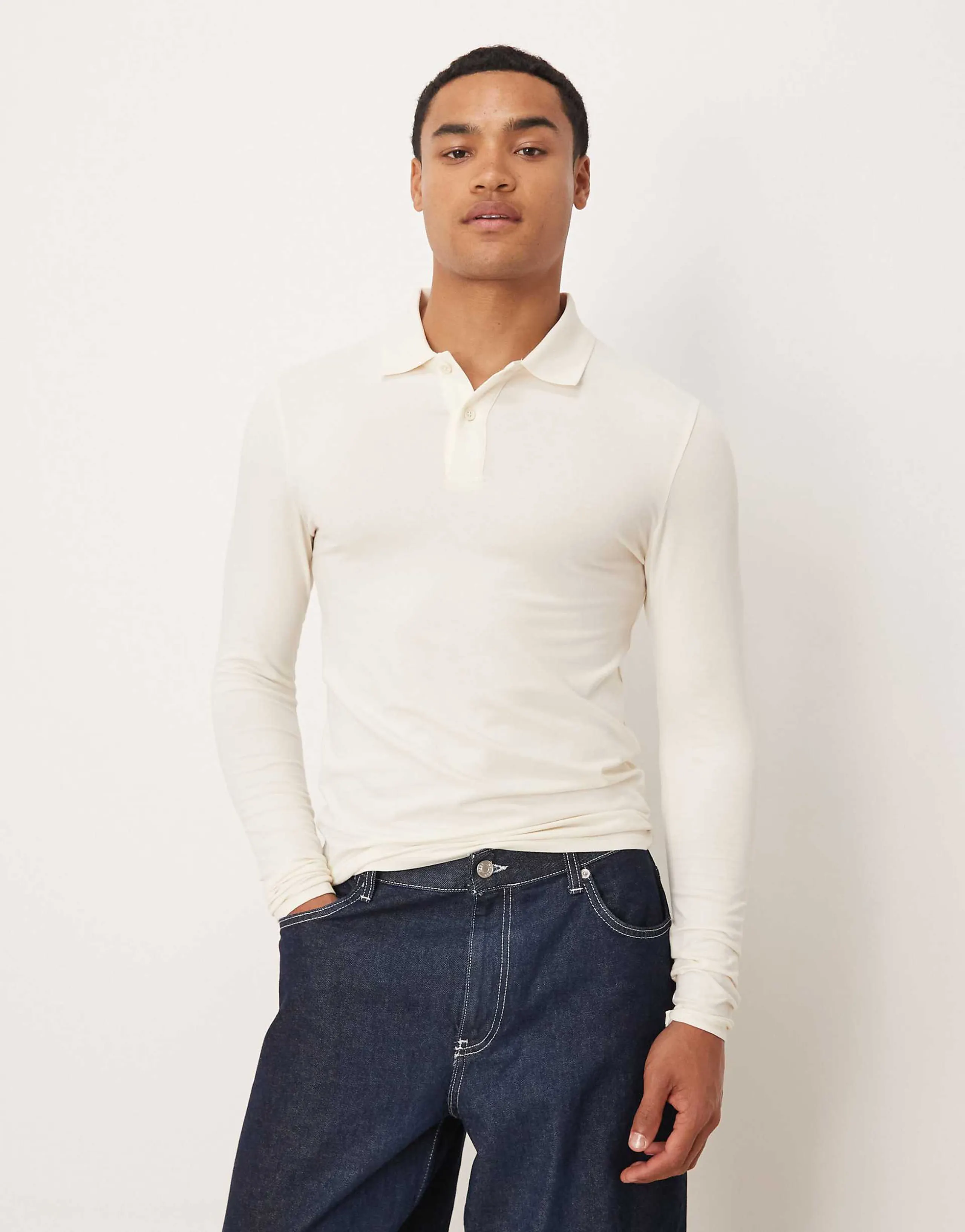ASOS DESIGN Essentials muscle fit long sleeve polo in cream