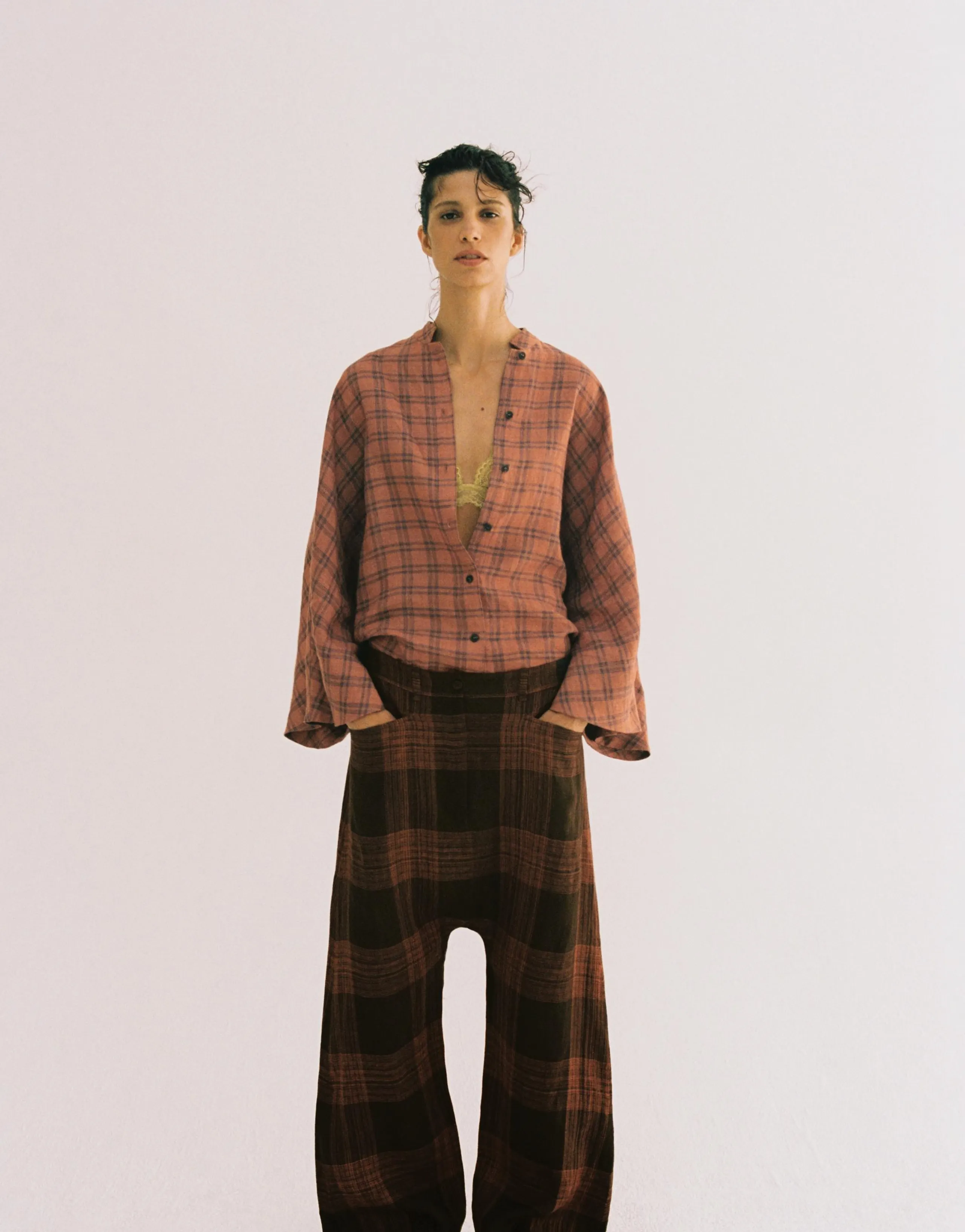 ZW COLLECTION CHECKED LINEN TROUSERS
