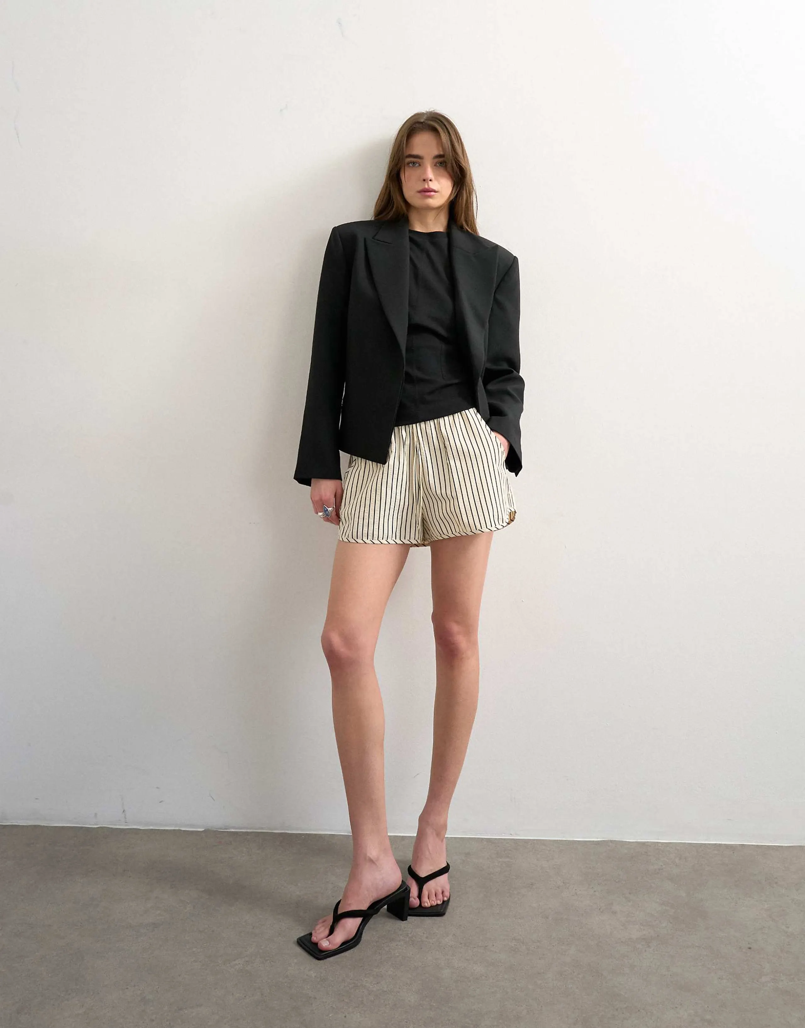 Topshop crinkle striped running short in black and neutral