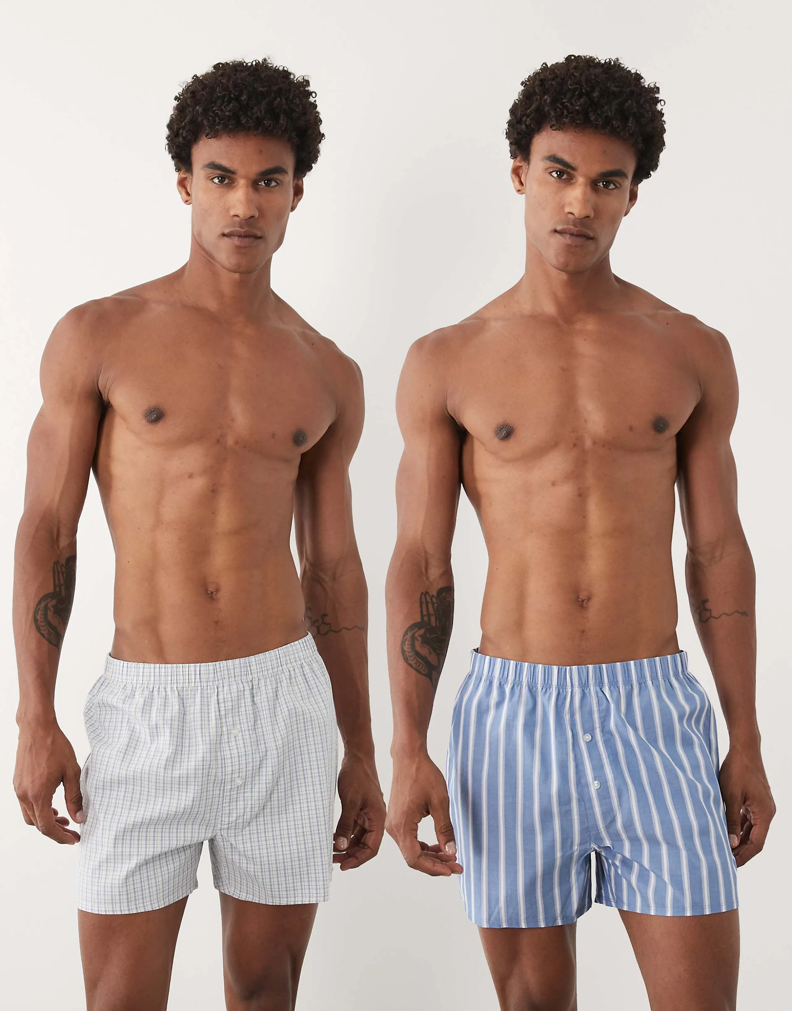 ASOS DESIGN 2 pack woven boxers in blue stripe and blue plaid