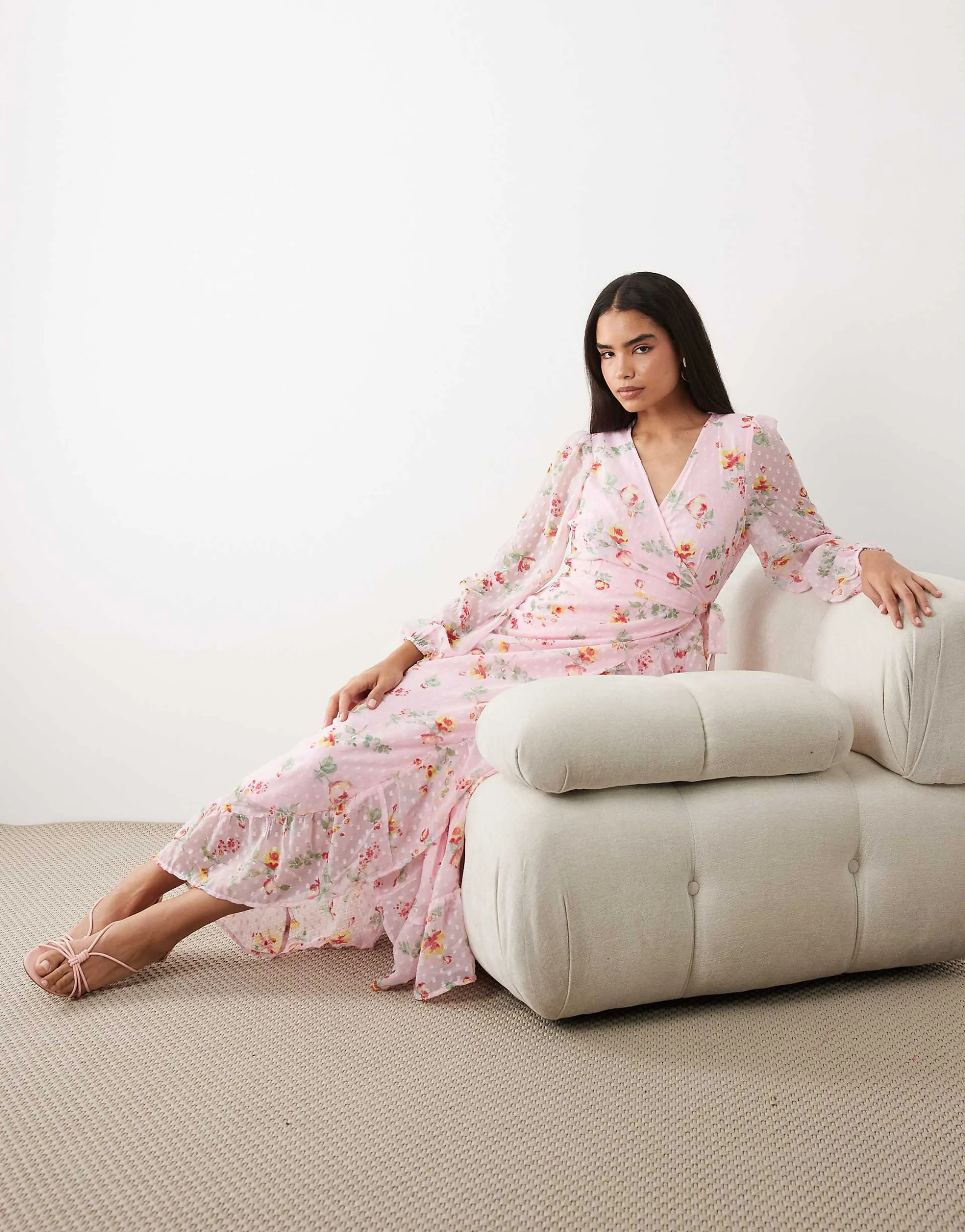 VILA textured wrap maxi dress with frill detailing in cherry blossom floral print
