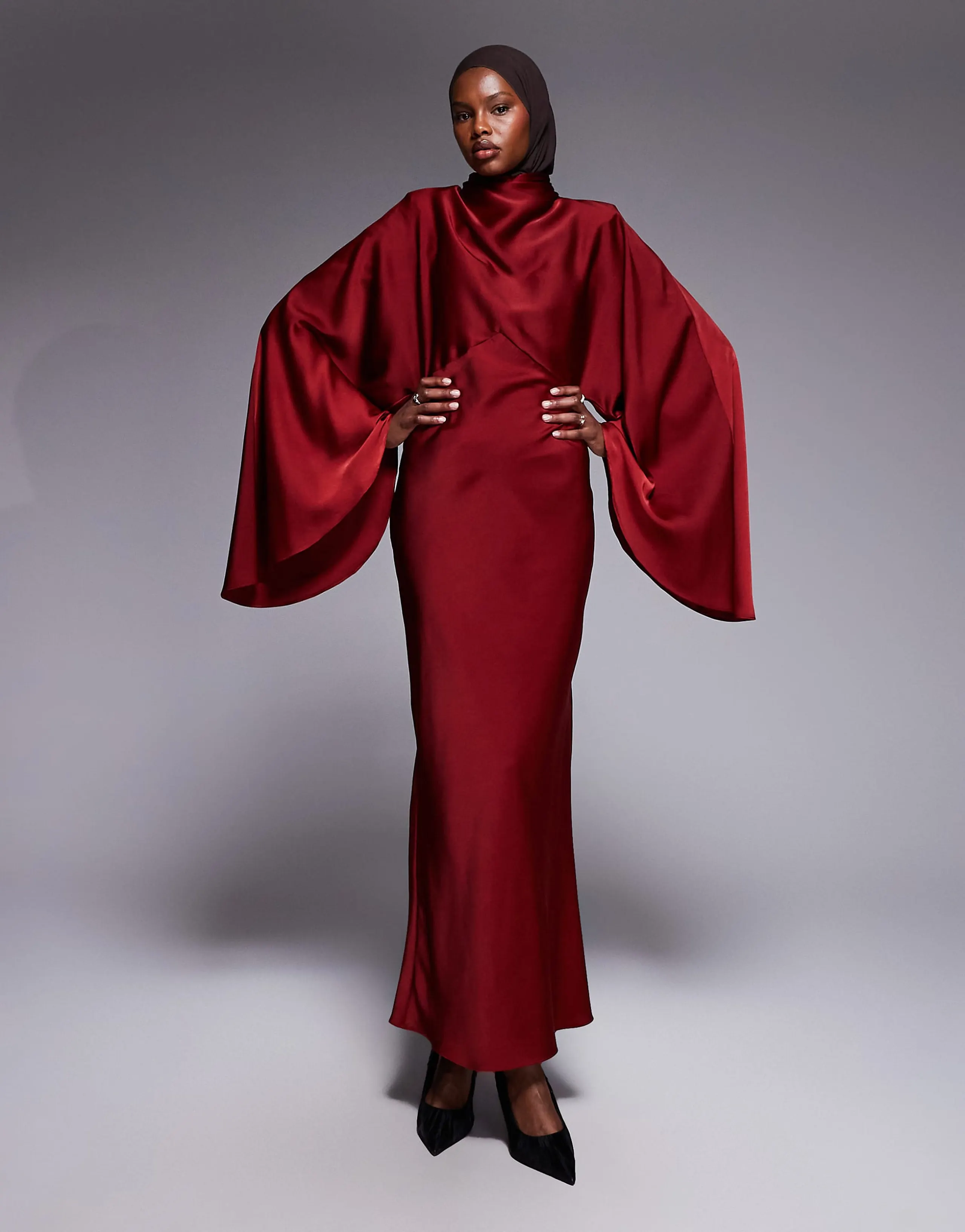 ASOS DESIGN funnel neck satin maxi dress with exaggerated sleeves in red