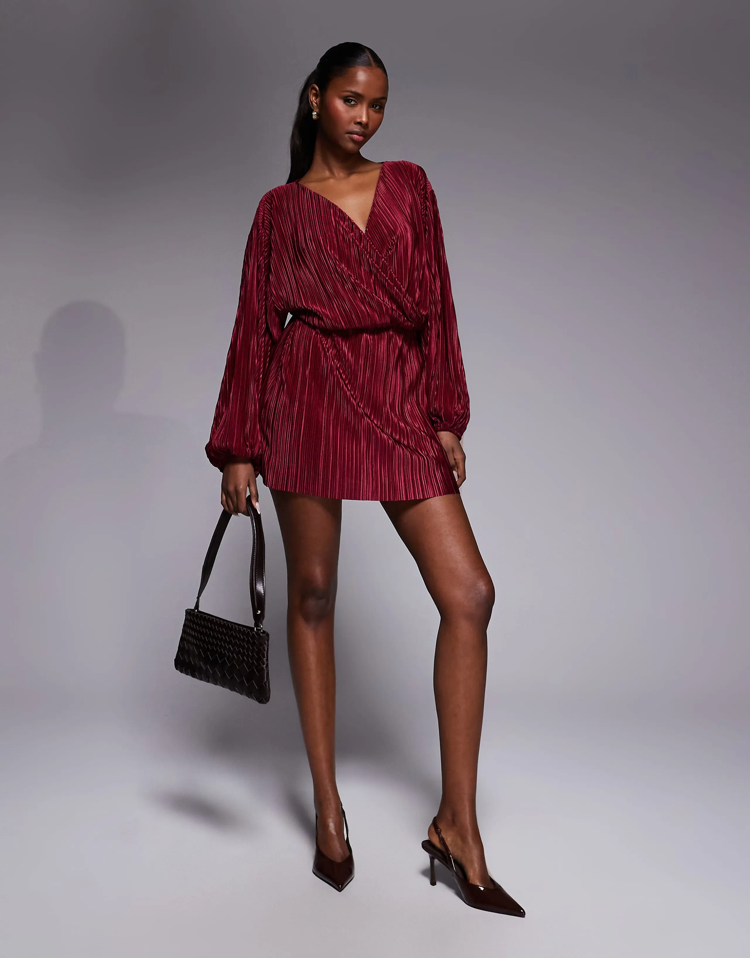 ASOS DESIGN plissé blouson mini dress in burgundy
