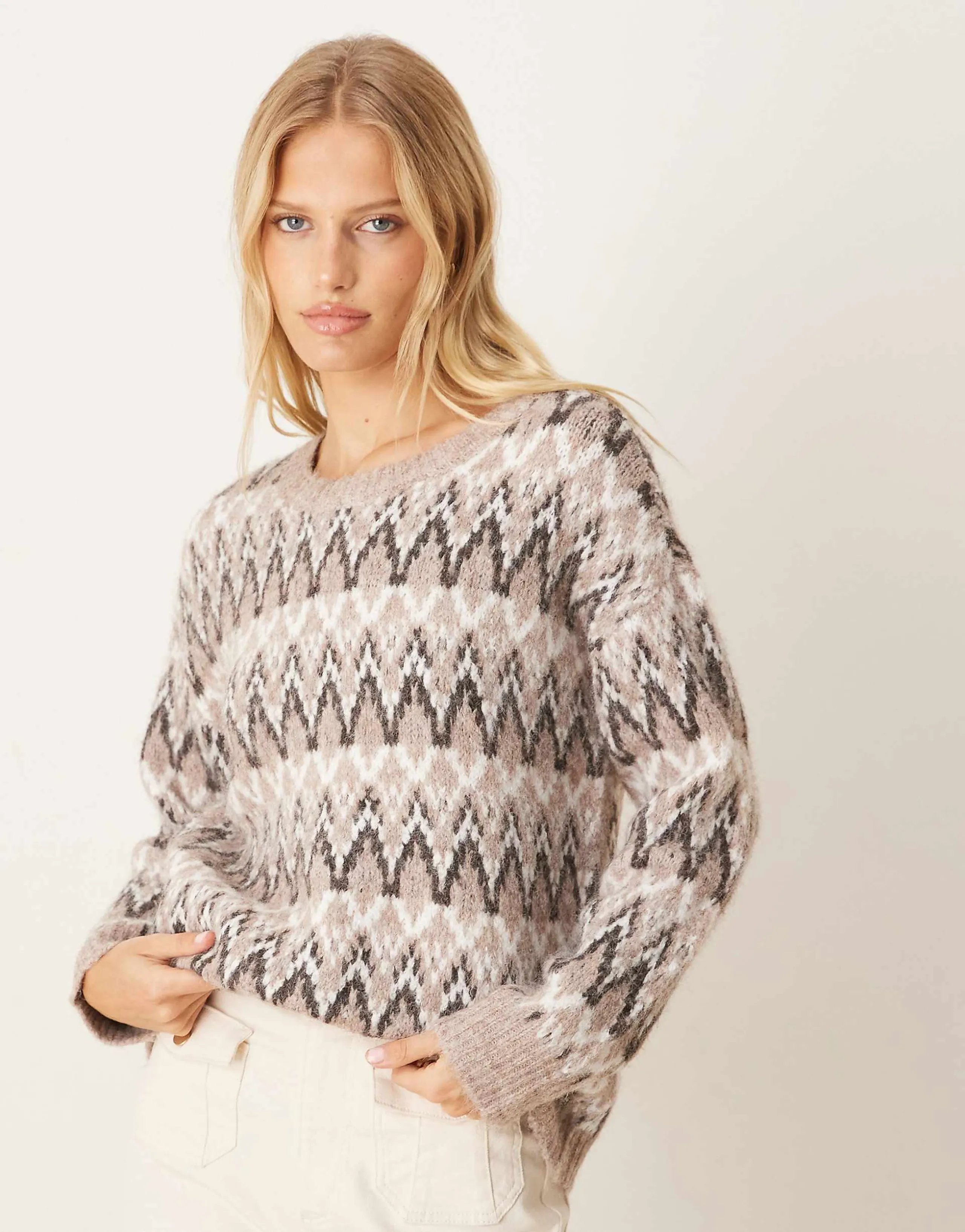 VILA chunky Fairisle sweater in natural melange