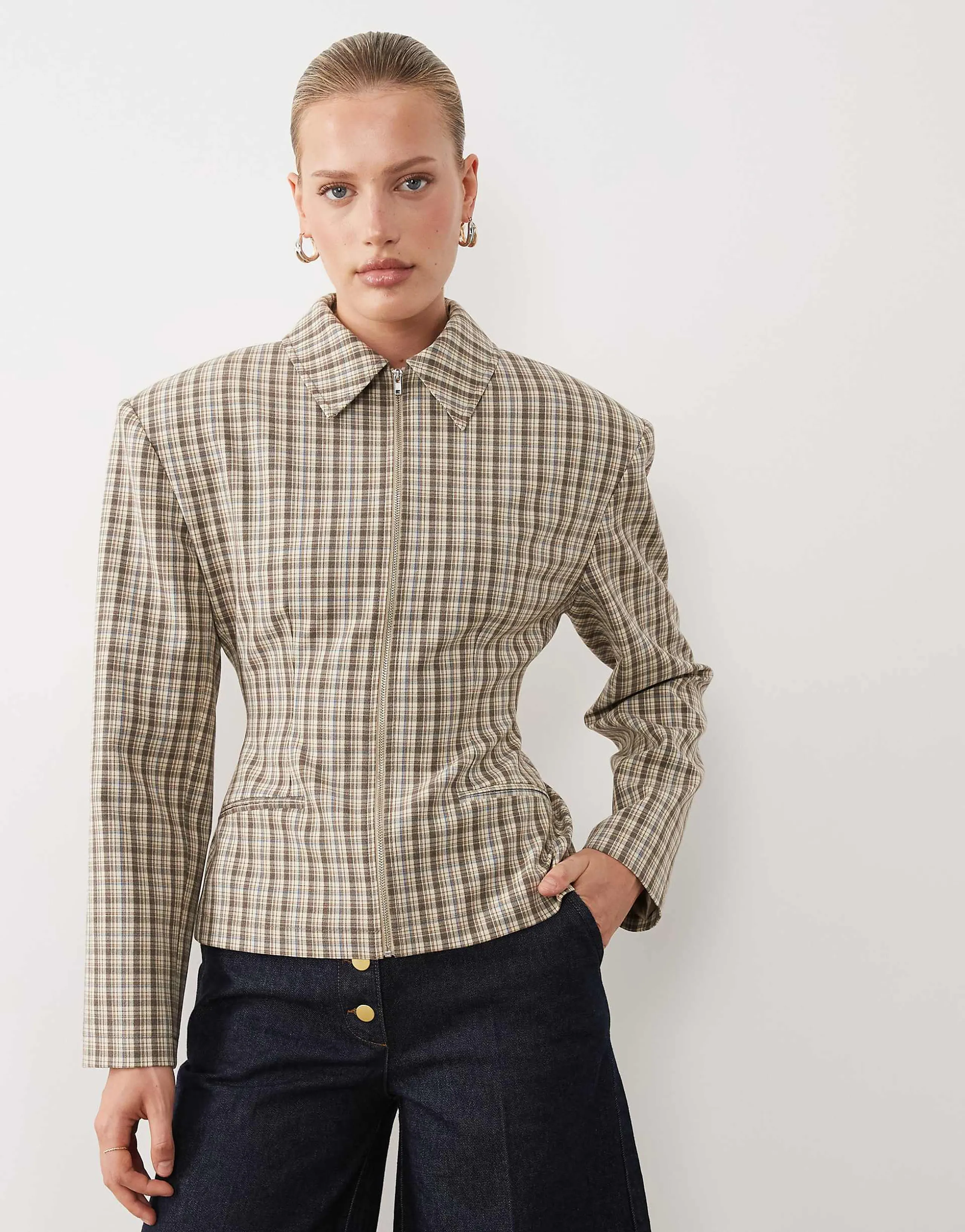 ASOS DESIGN tailored cinch waist zip up jacket in plaid