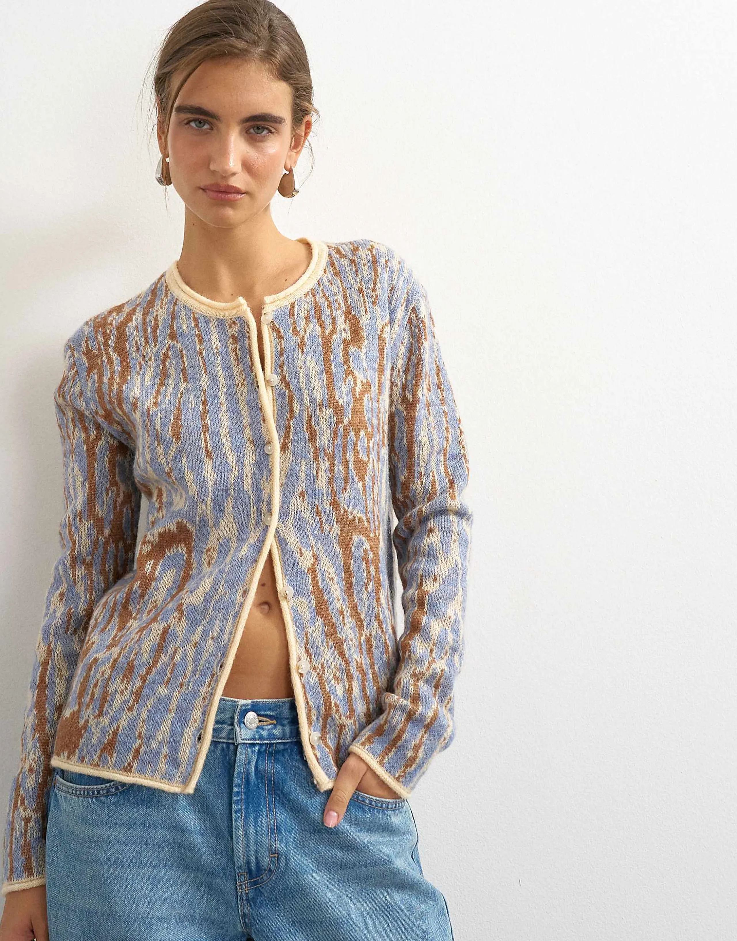 Topshop knit brushed animal cardigan with wool and mohair in brown and blue