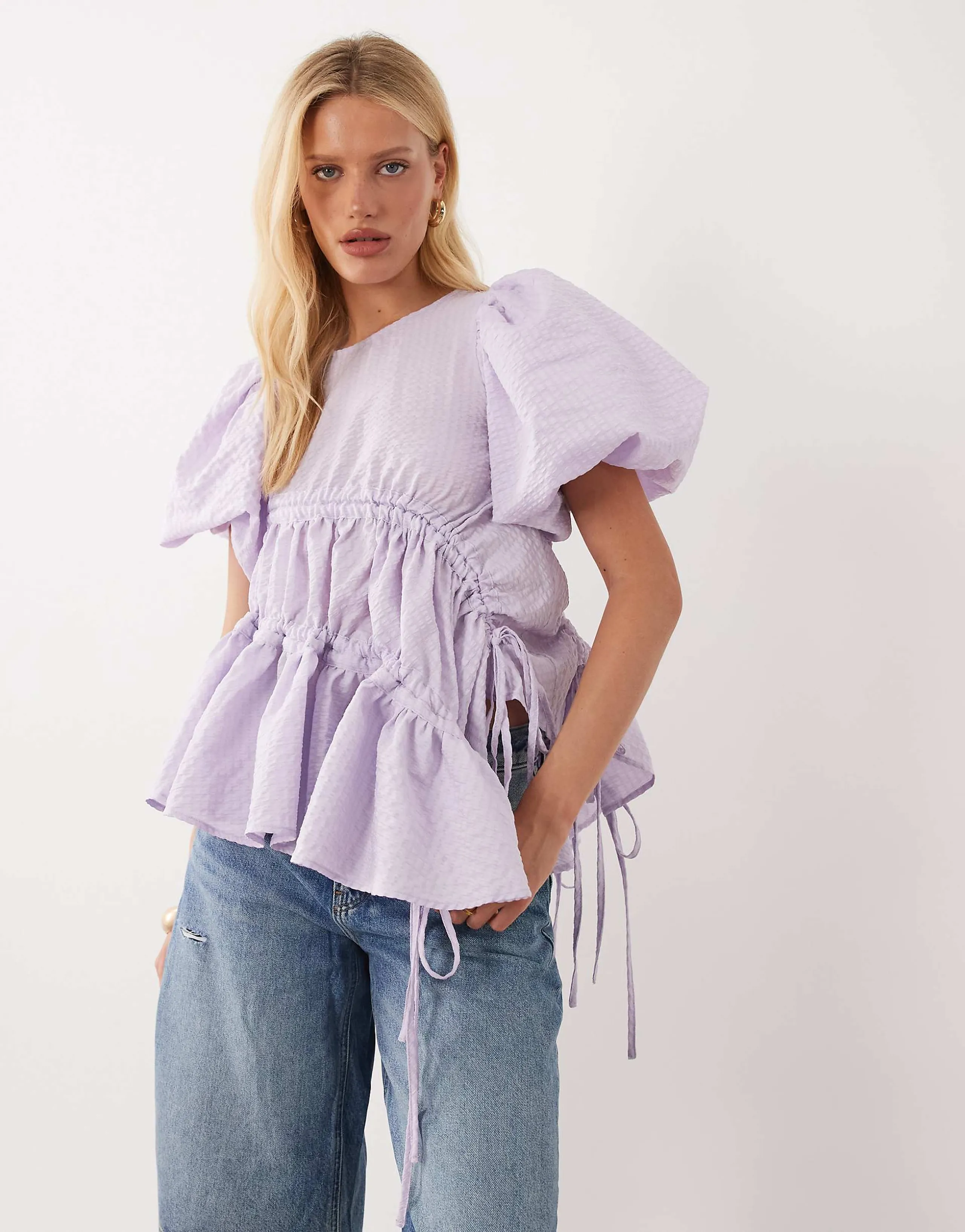 Ghospell Micaela Exclusive puff sleeve ruched detail top in lilac