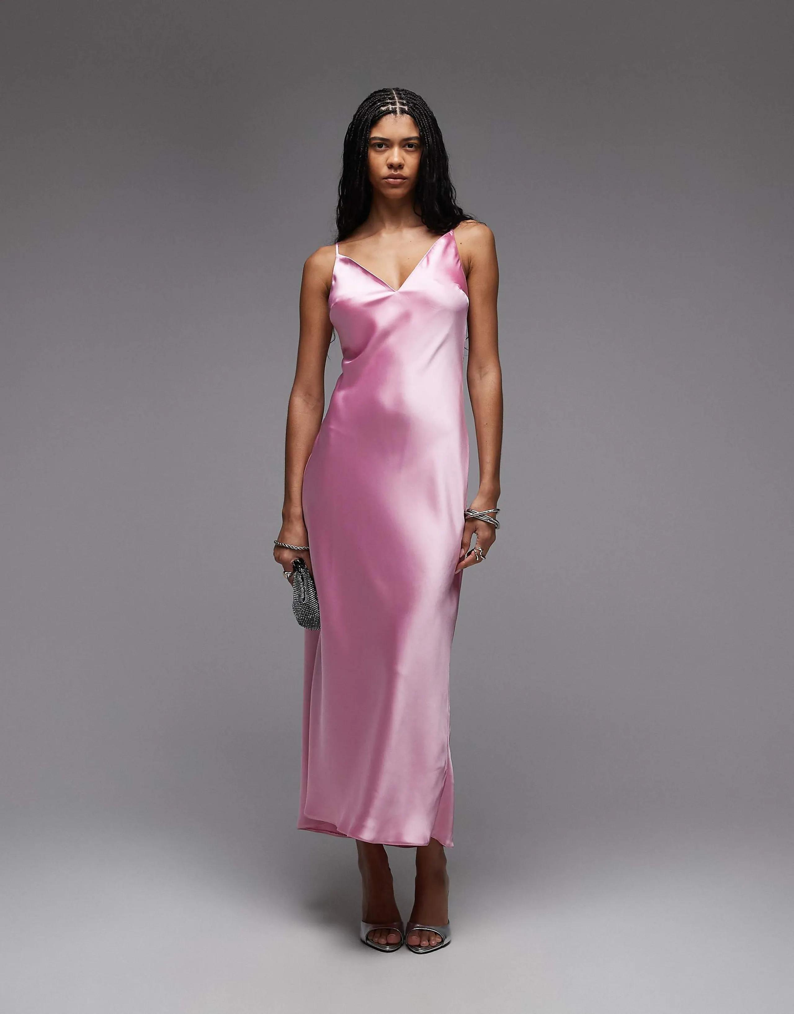 ASOS DESIGN high apex satin midi dress in sugar pink