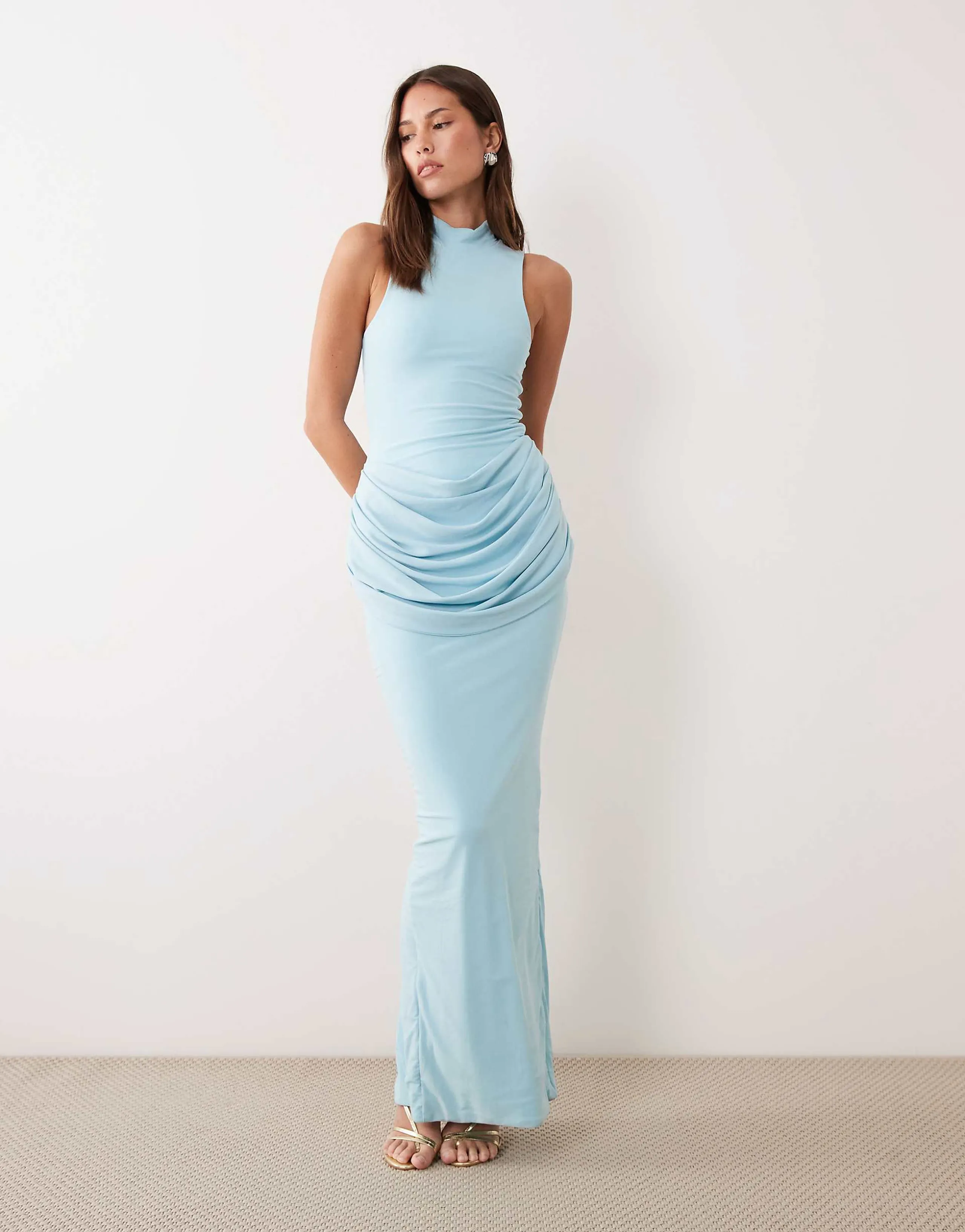 Wanderdoll Ari sculpted high neck sleeveless drape detail maxi dress in powder blue