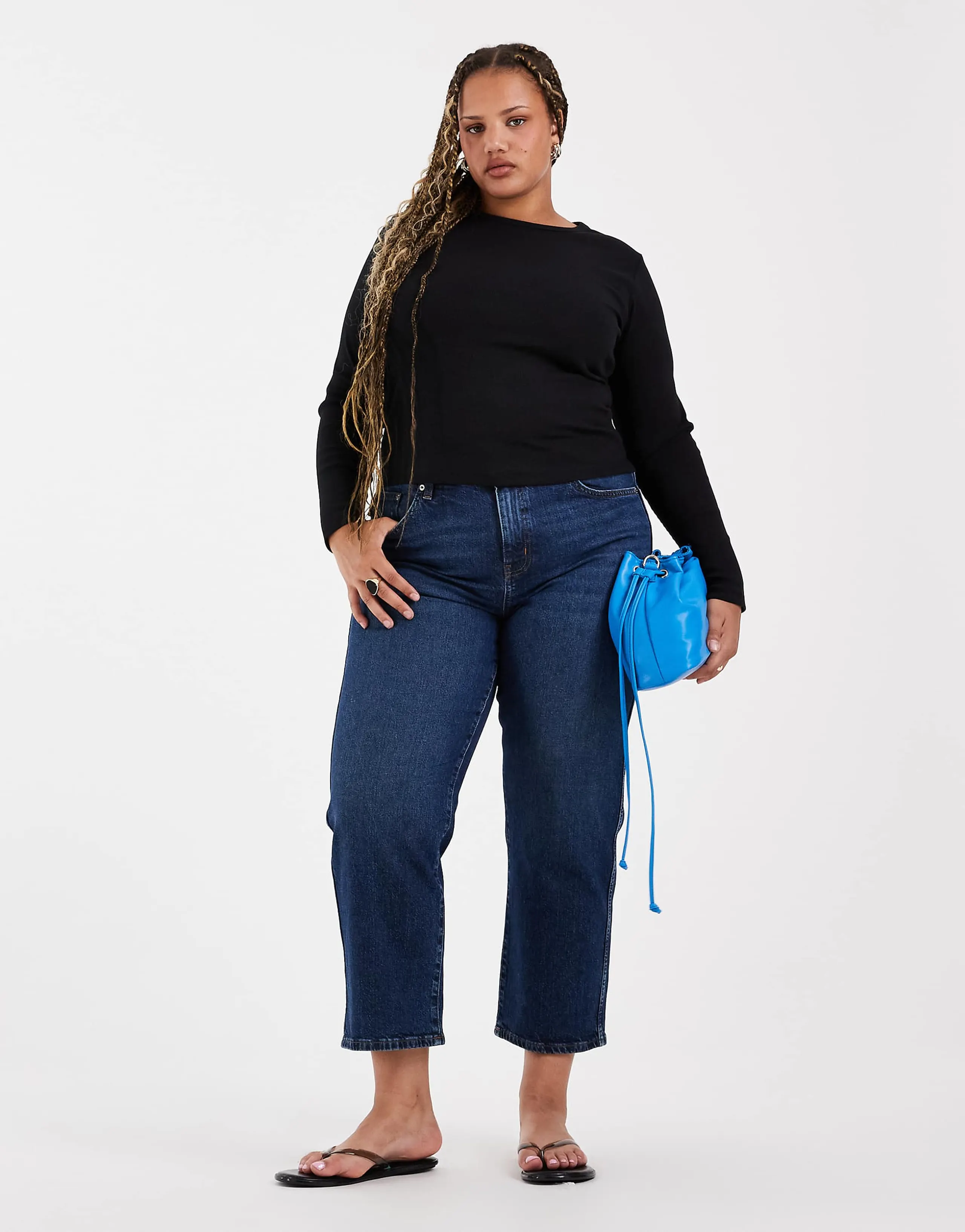 ASOS DESIGN Curve ankle grazer comfort stretch straight leg jeans in dark mid blue