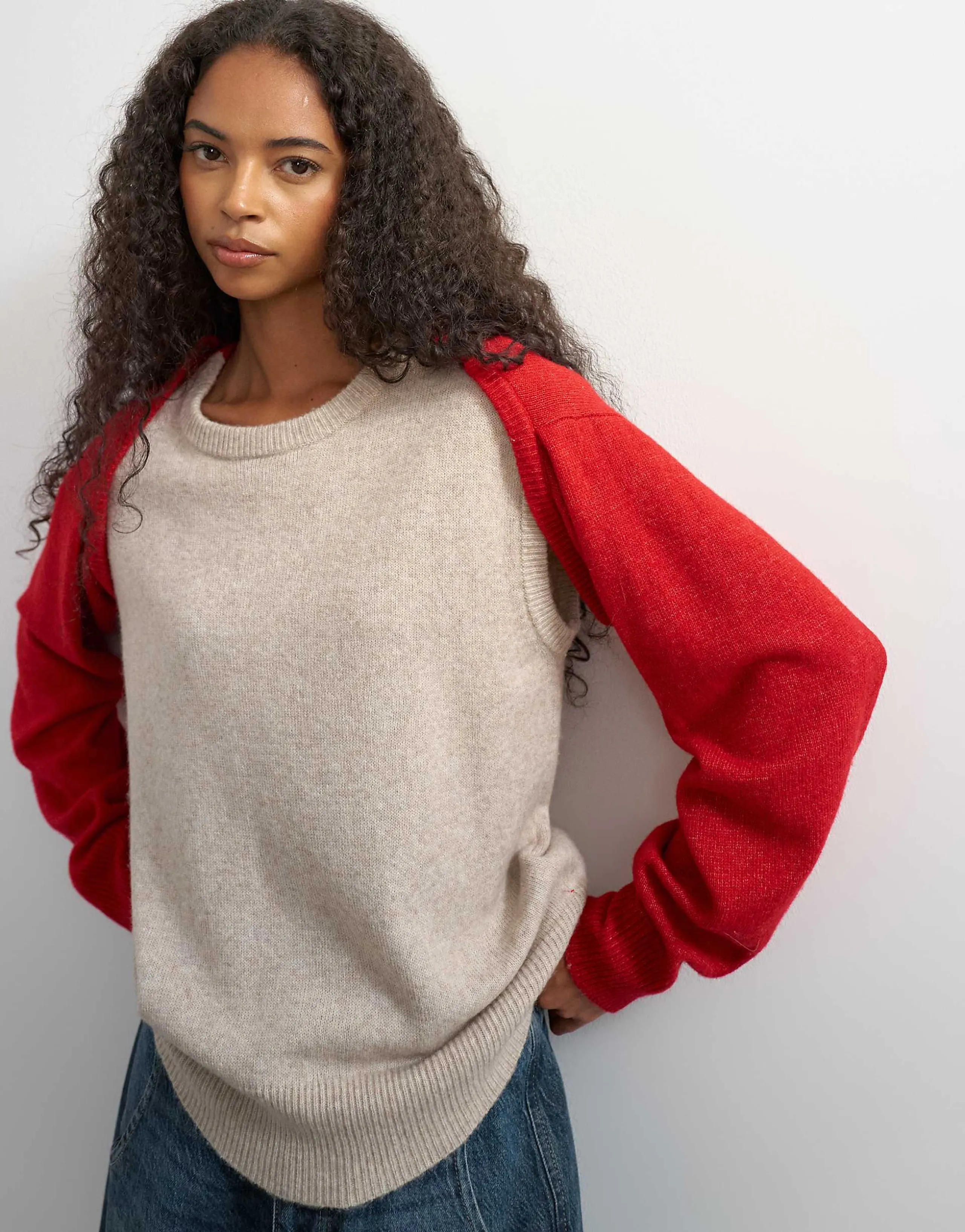 Topshop knit multi wear sweater in neutral and red  