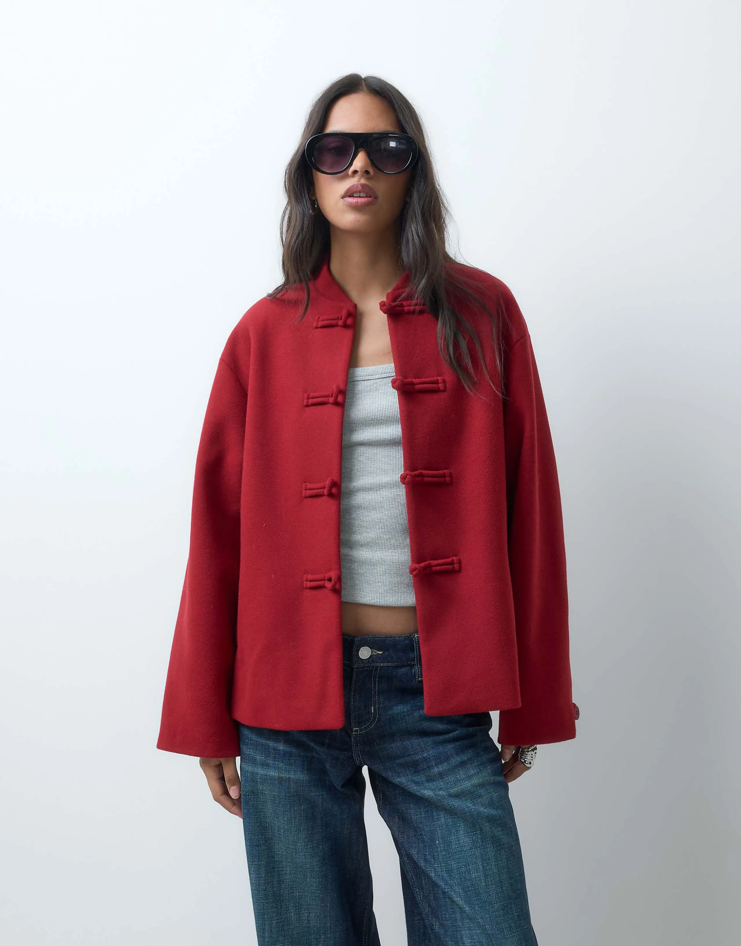 ASOS DESIGN collarless formal jacket with frog closure trim in red