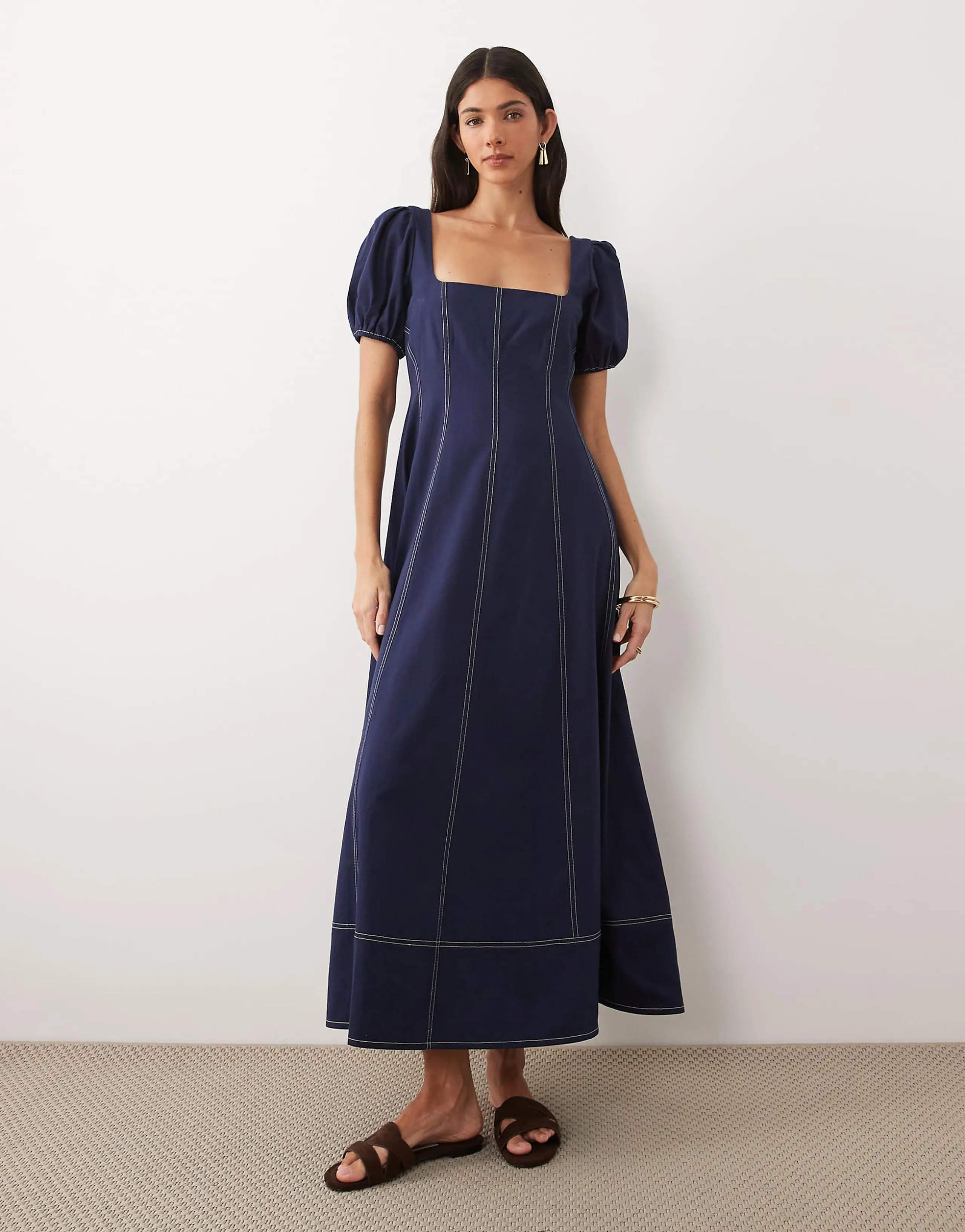 ASOS DESIGN square neck puff sleeve maxi dress with contrast stitch seam detailing in navy
