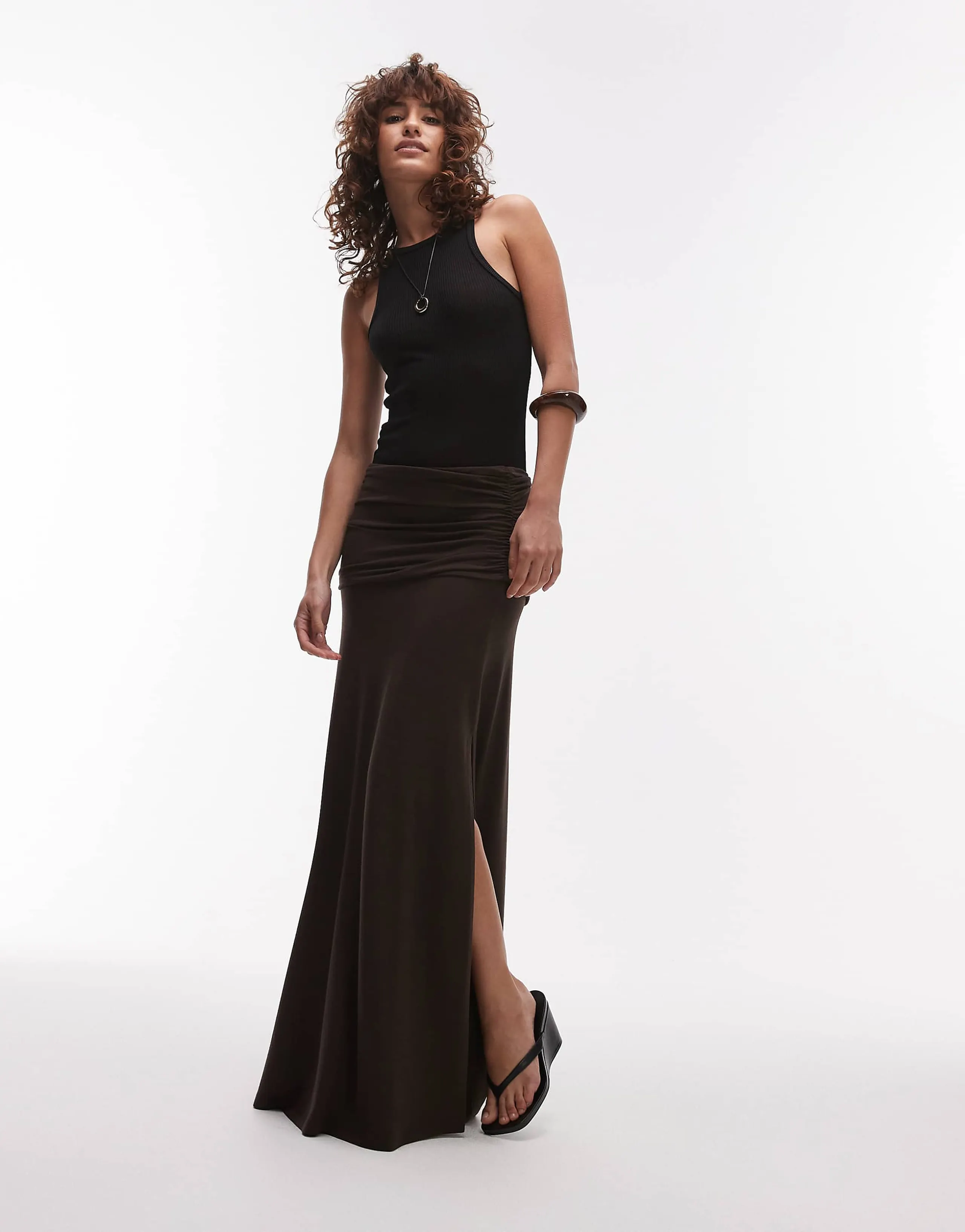 Topshop ruched waist maxi skirt in chocolate brown