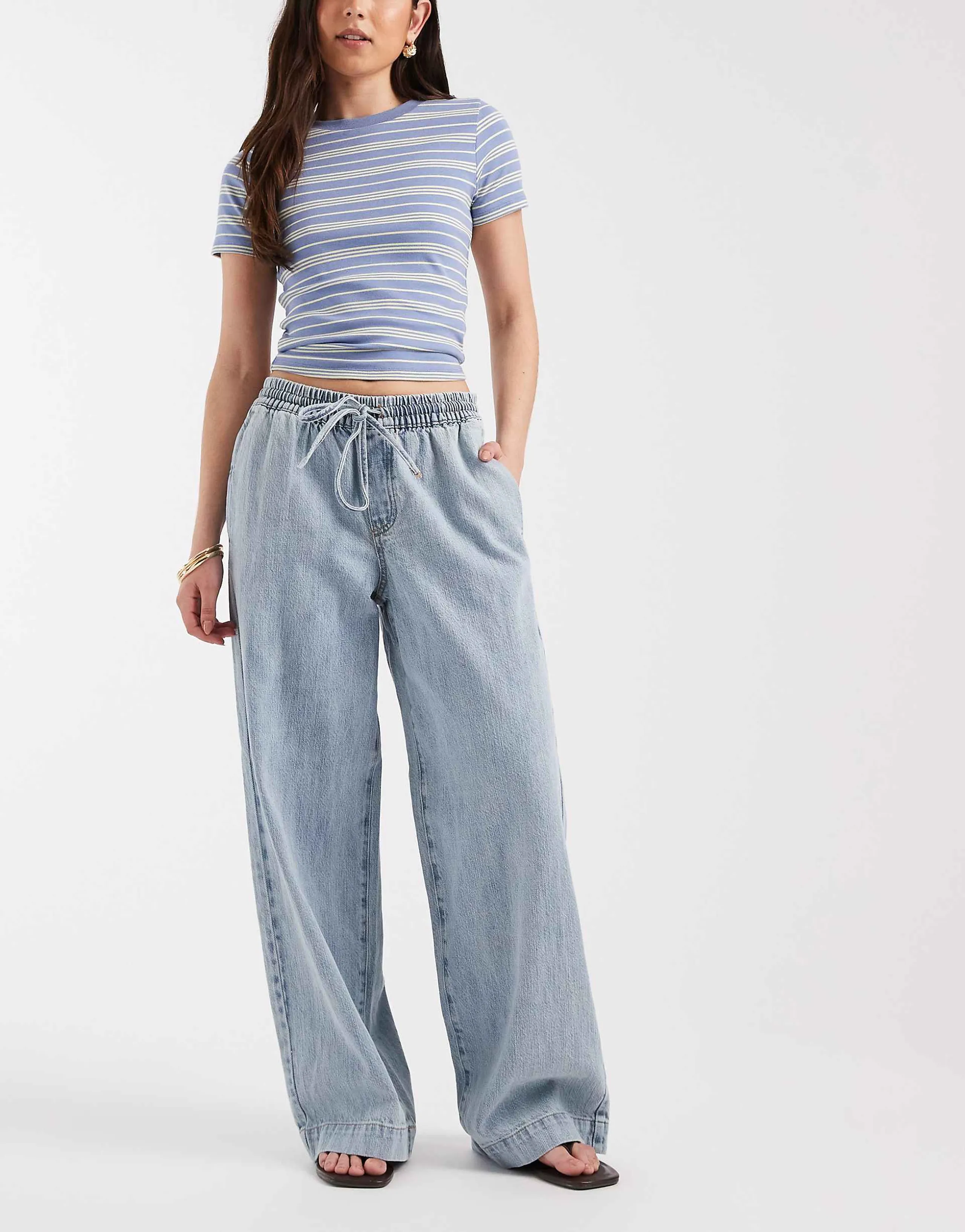 PIECES tie waist wide leg mid rise jeans in light blue