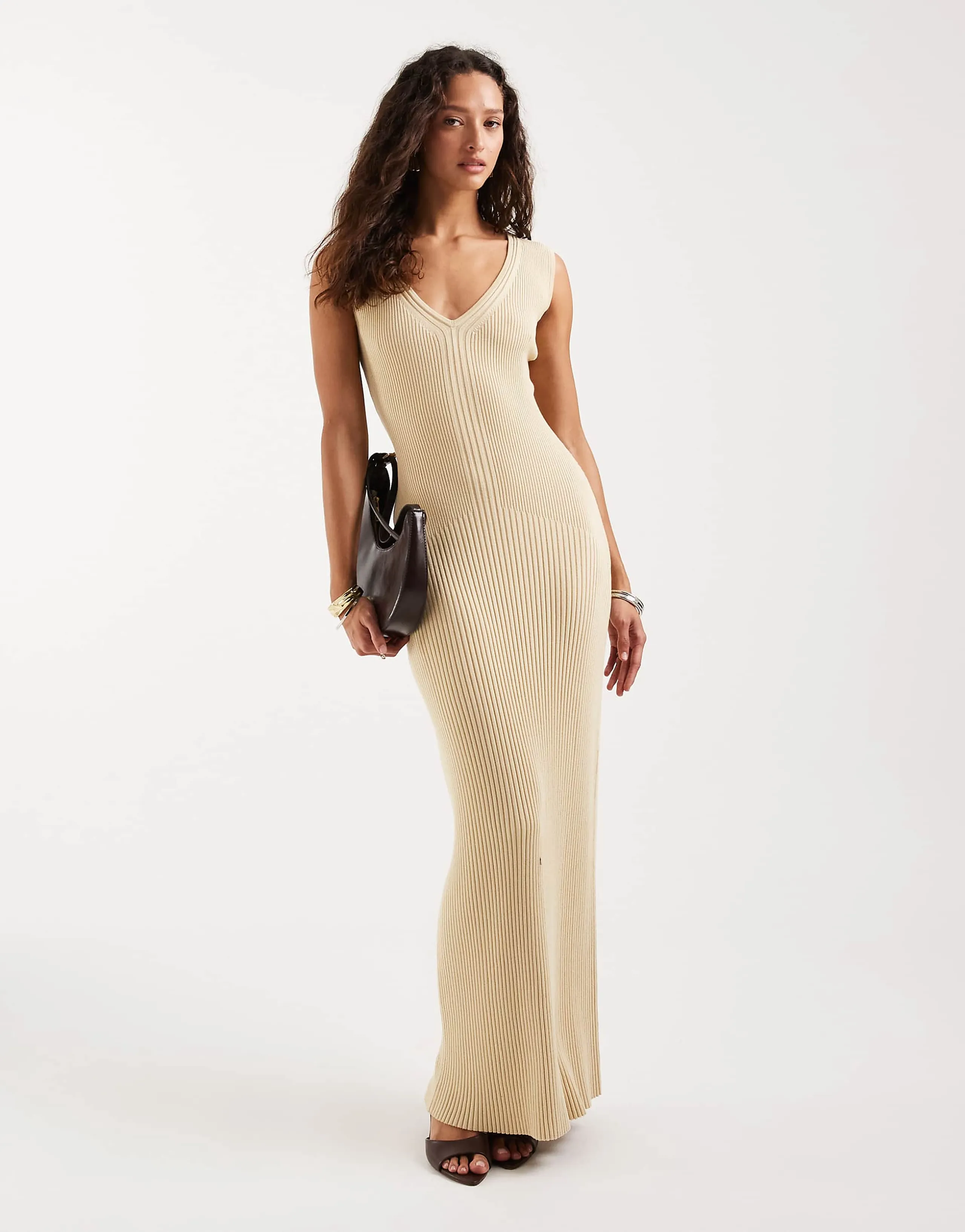 4th & Reckless ribbed knit v neck maxi dress in buttercream