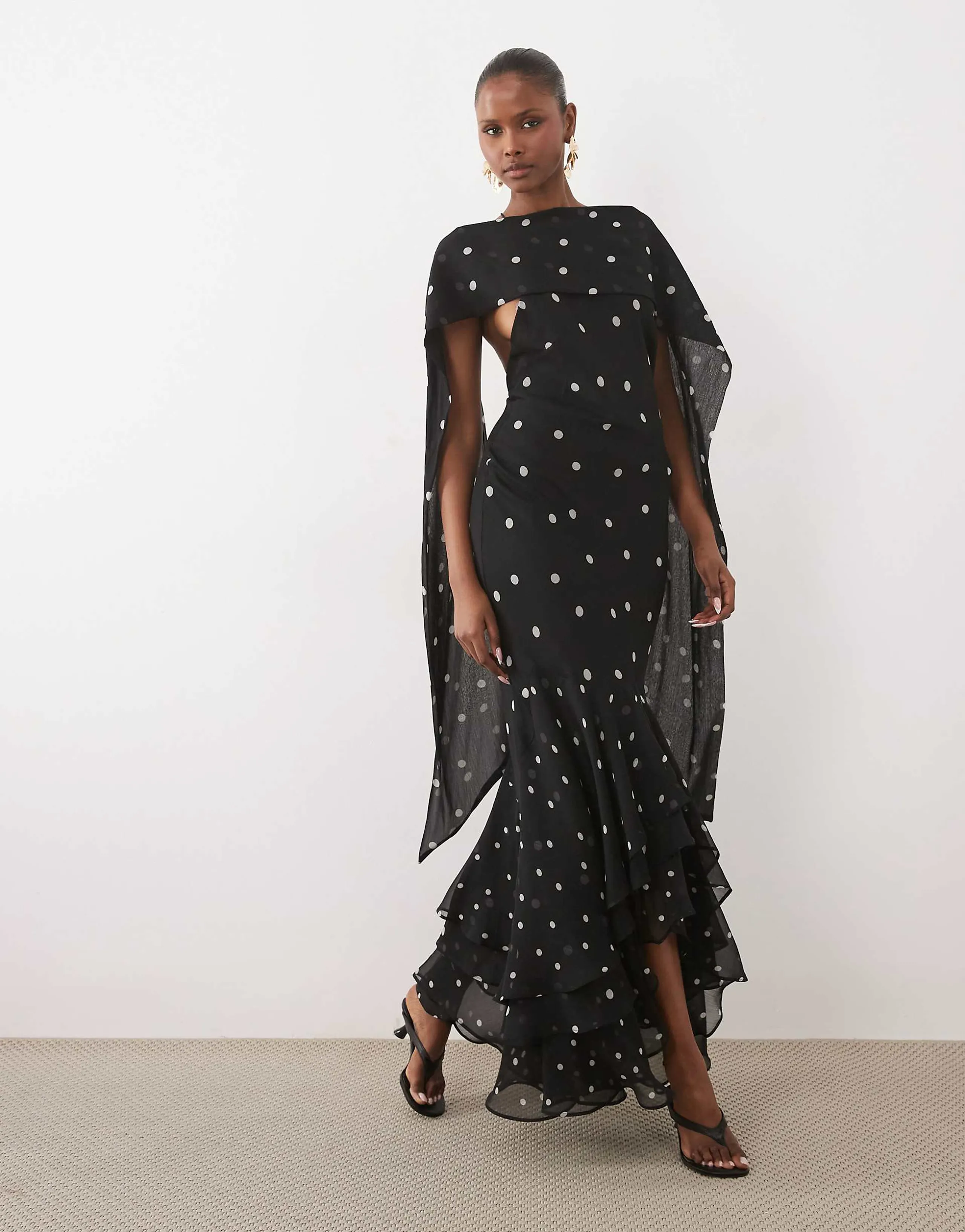 ASOS DESIGN halter maxi dress with scarf detail and ruffle hem in dot print