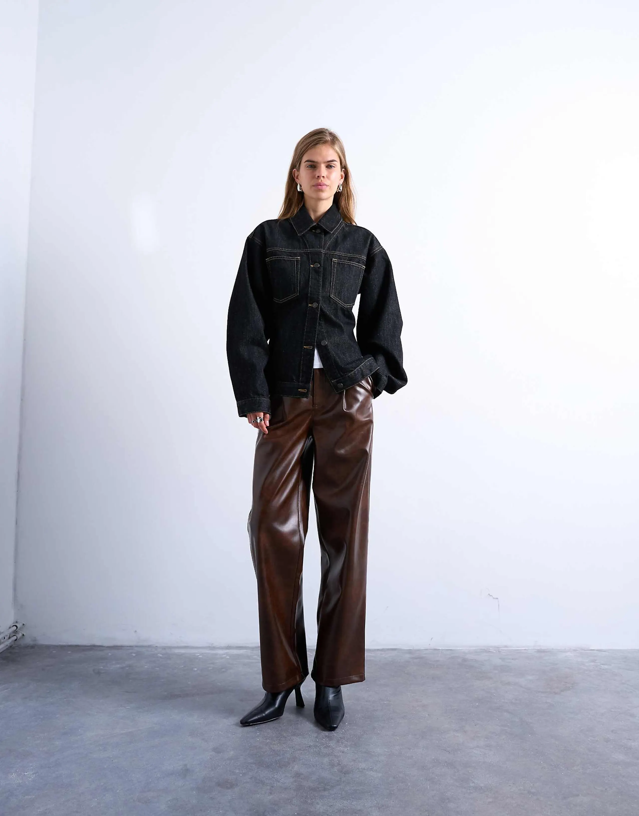 Topshop faux leather pleated straight leg pants in rust