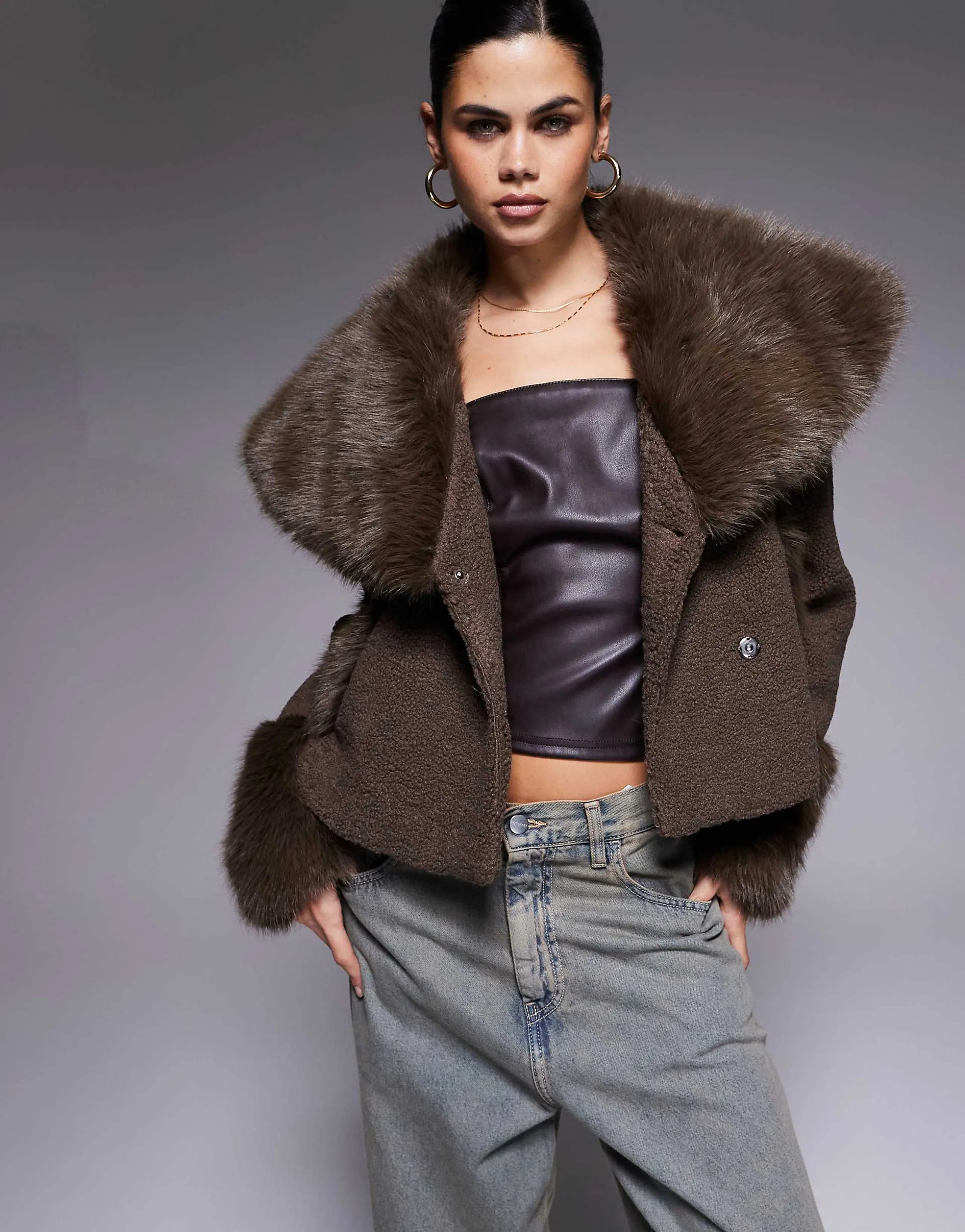 The Frolic exclusive bouclé faux fur oversized collar and cuff detailing jacket in chocolate