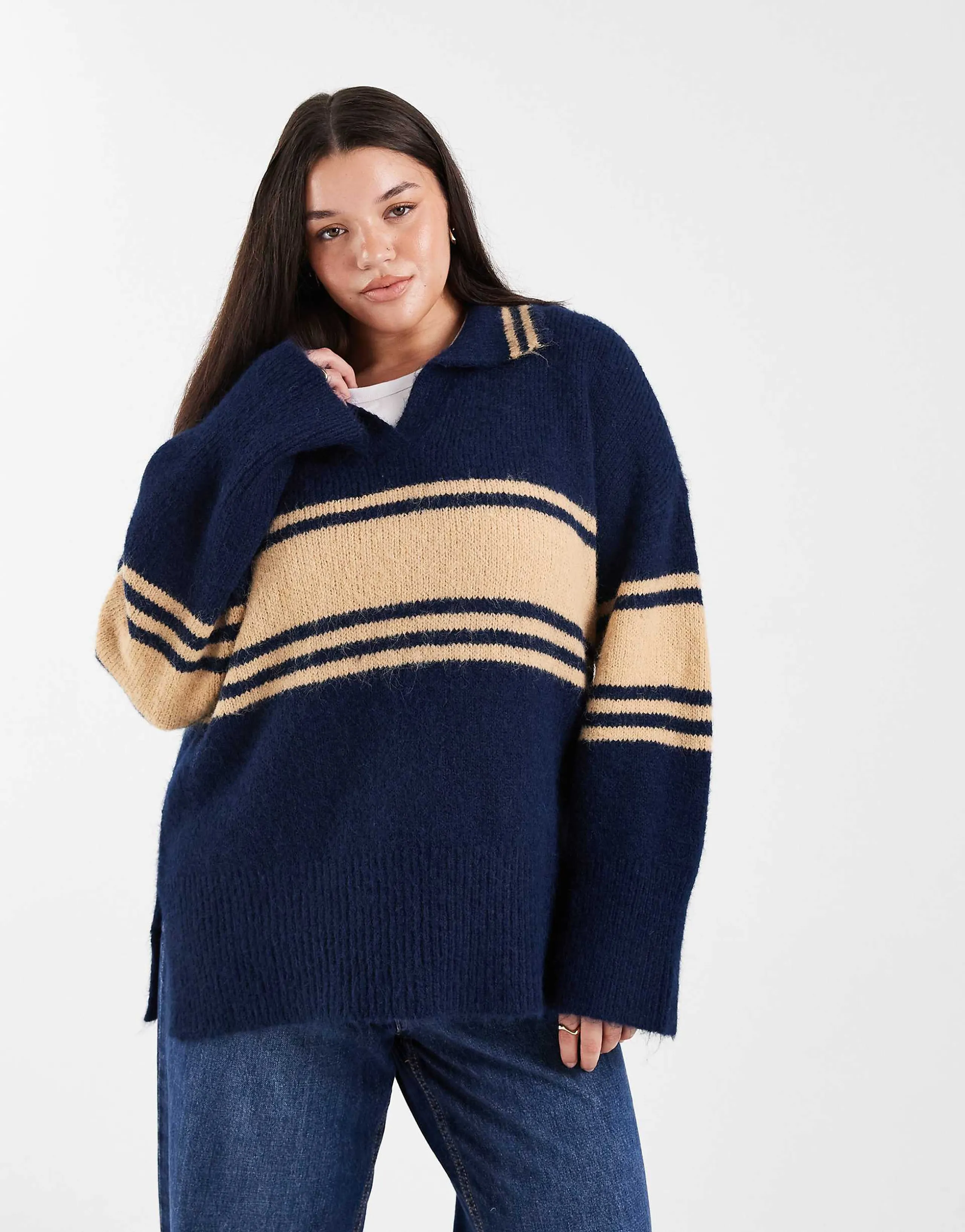 ONLY Curve striped knit polo shirt in navy