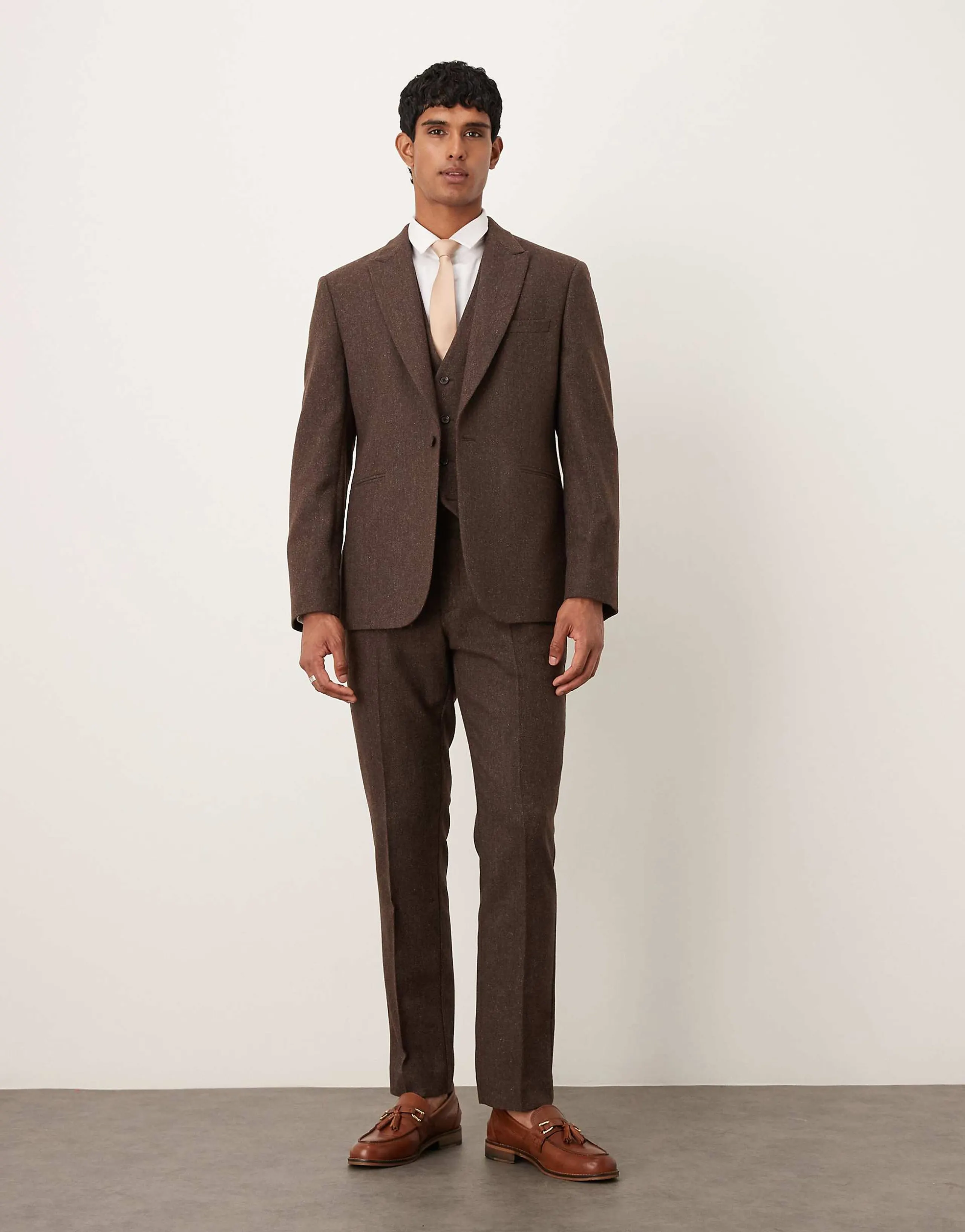 ASOS DESIGN slim herringbone suit pants with wool in brown