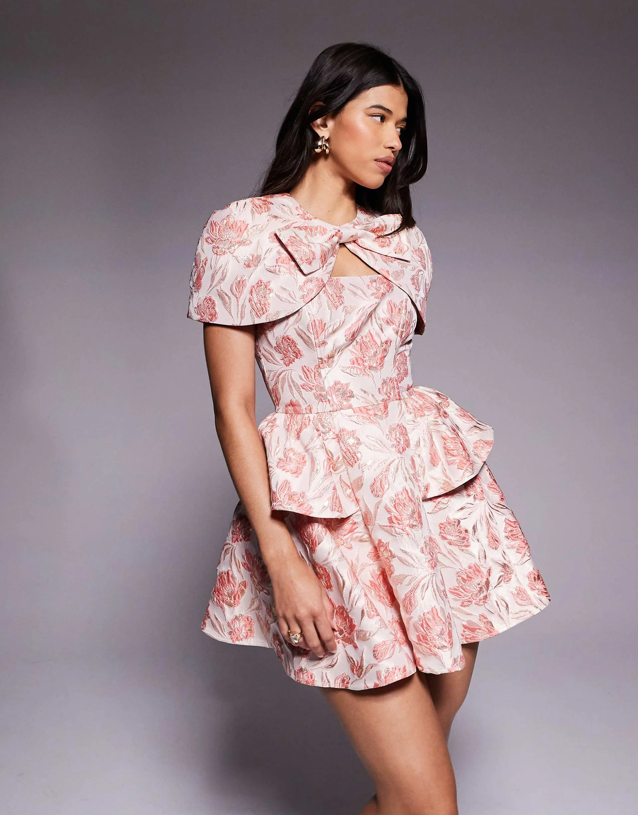 ASOS LUXE jacquard detachable cape mini dress in pink floral