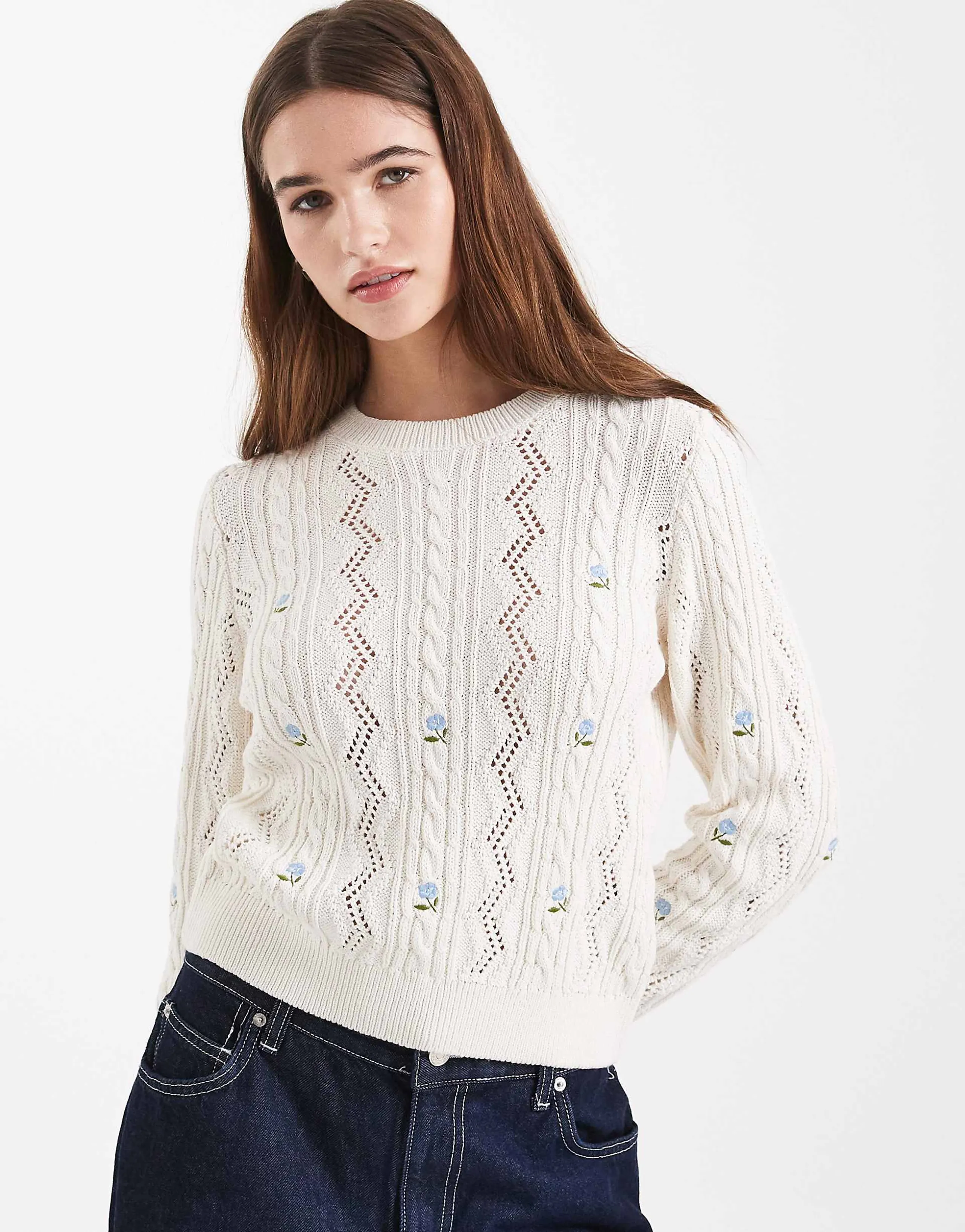 ONLY flower embroidery knit sweater in light blue