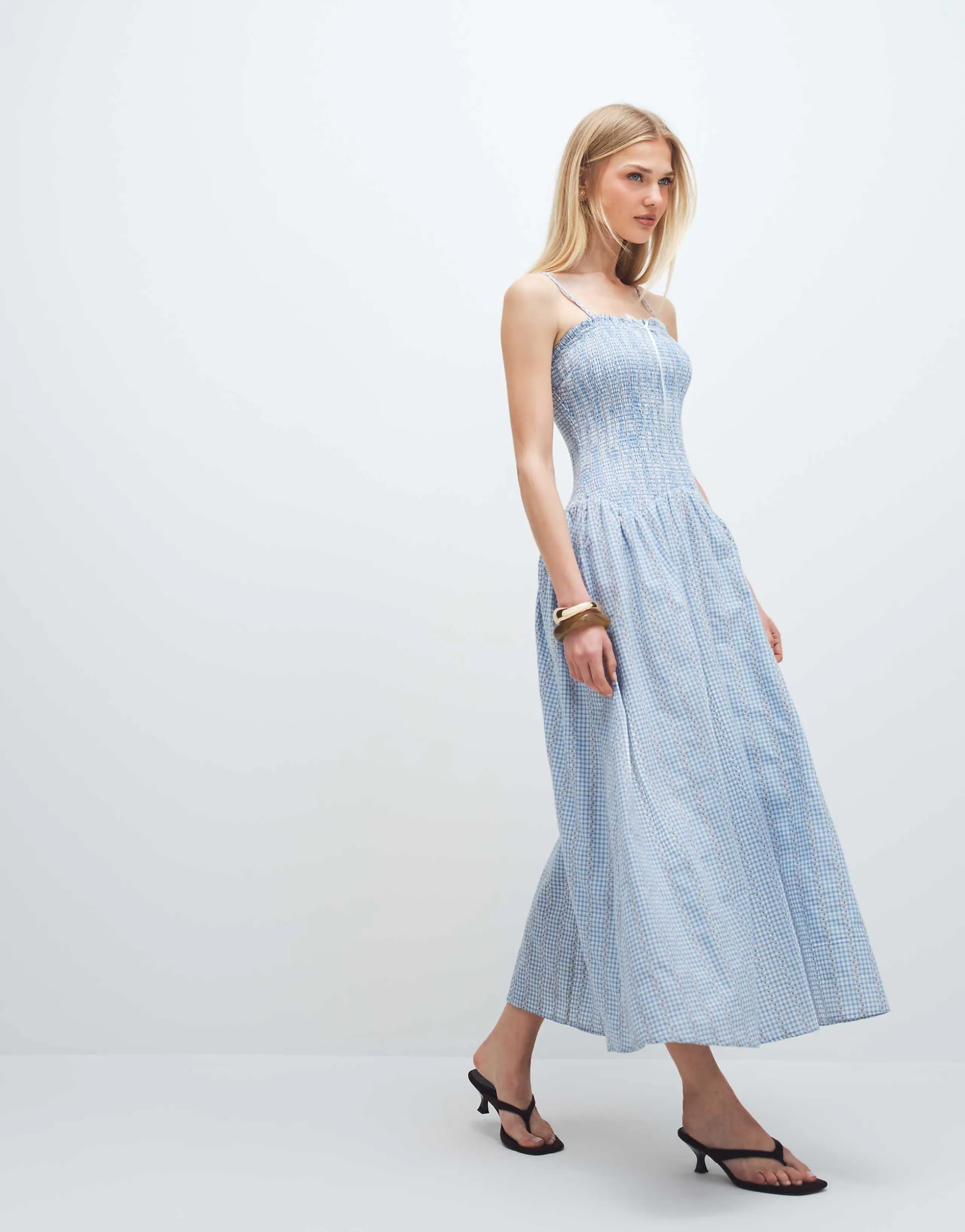 Daisy Street dropped waist shirred midaxi dress in blue floral gingham 