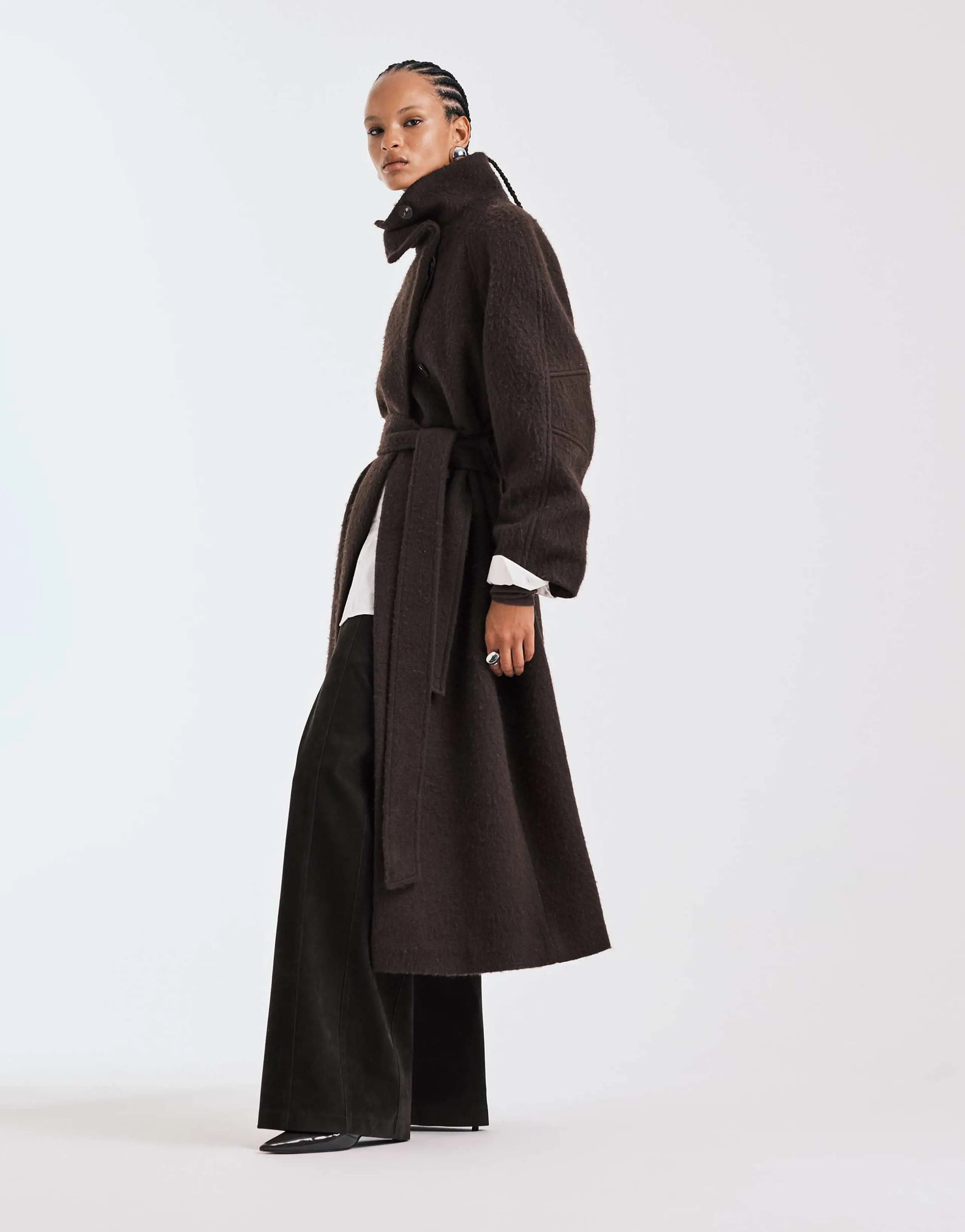 ASOS DESIGN premium brushed wool blend oversized funnel neck coat in chocolate