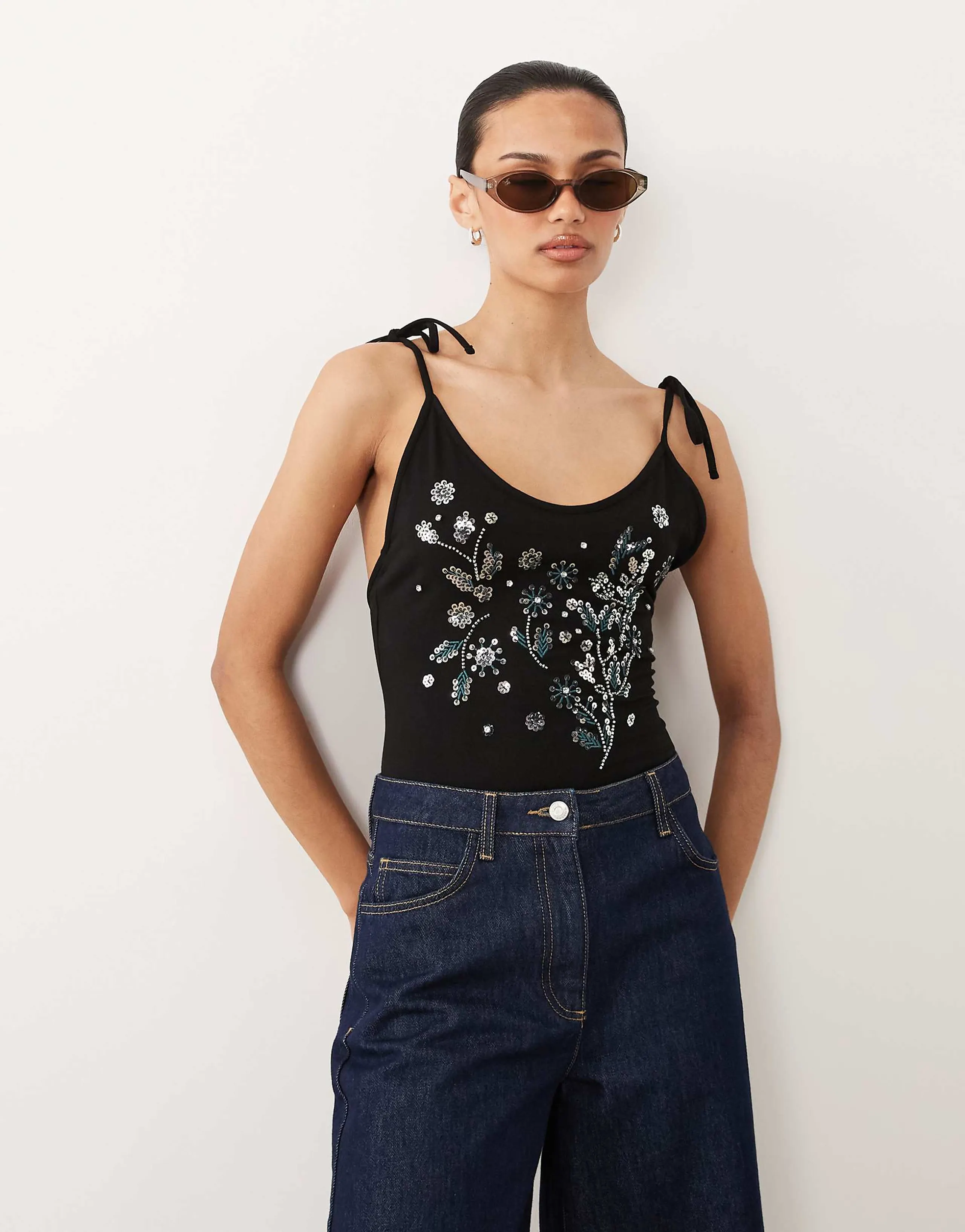 Miss Selfridge festival embellished tie shoulder bodysuit in black