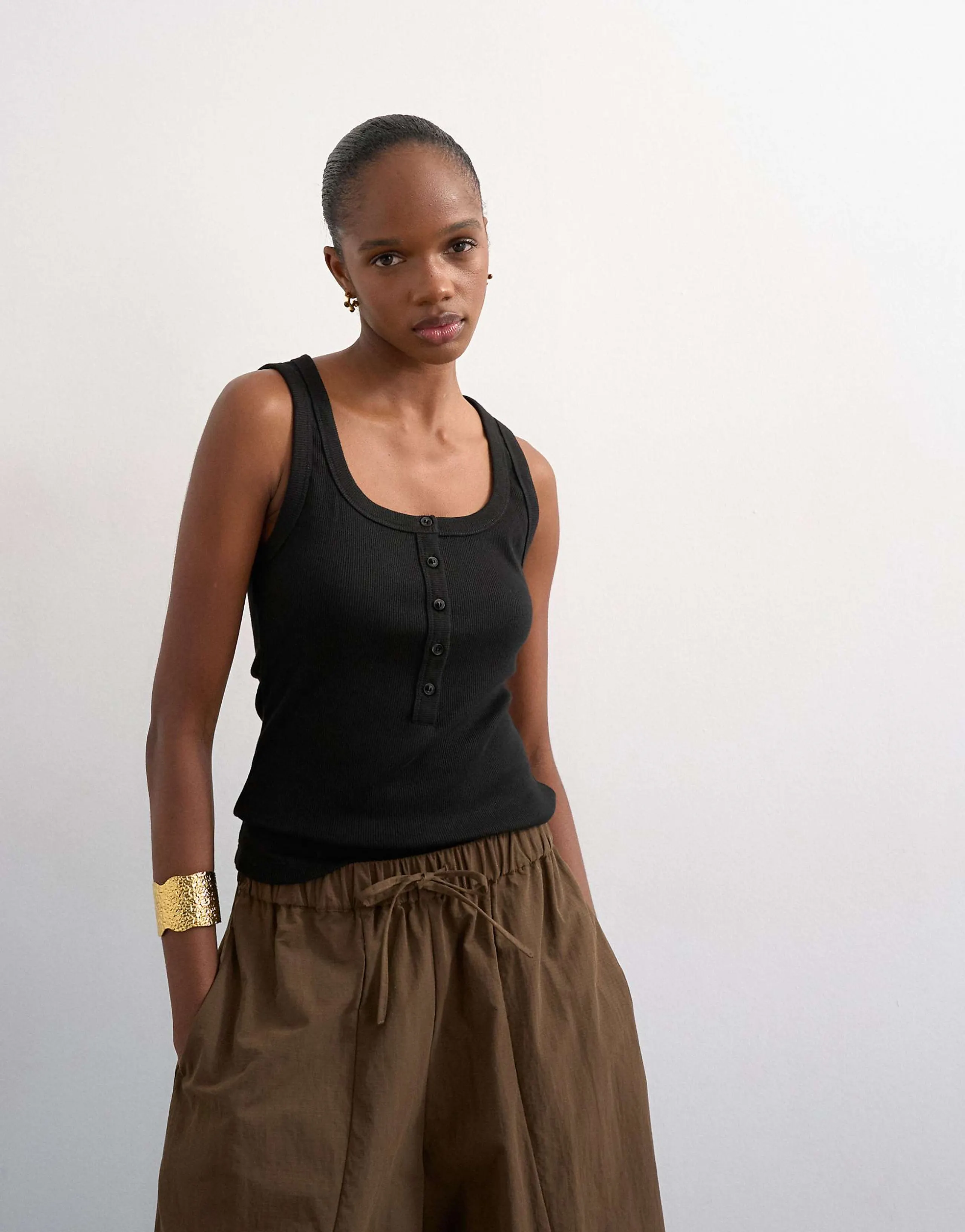 Topshop button placket rib knit tank top in black