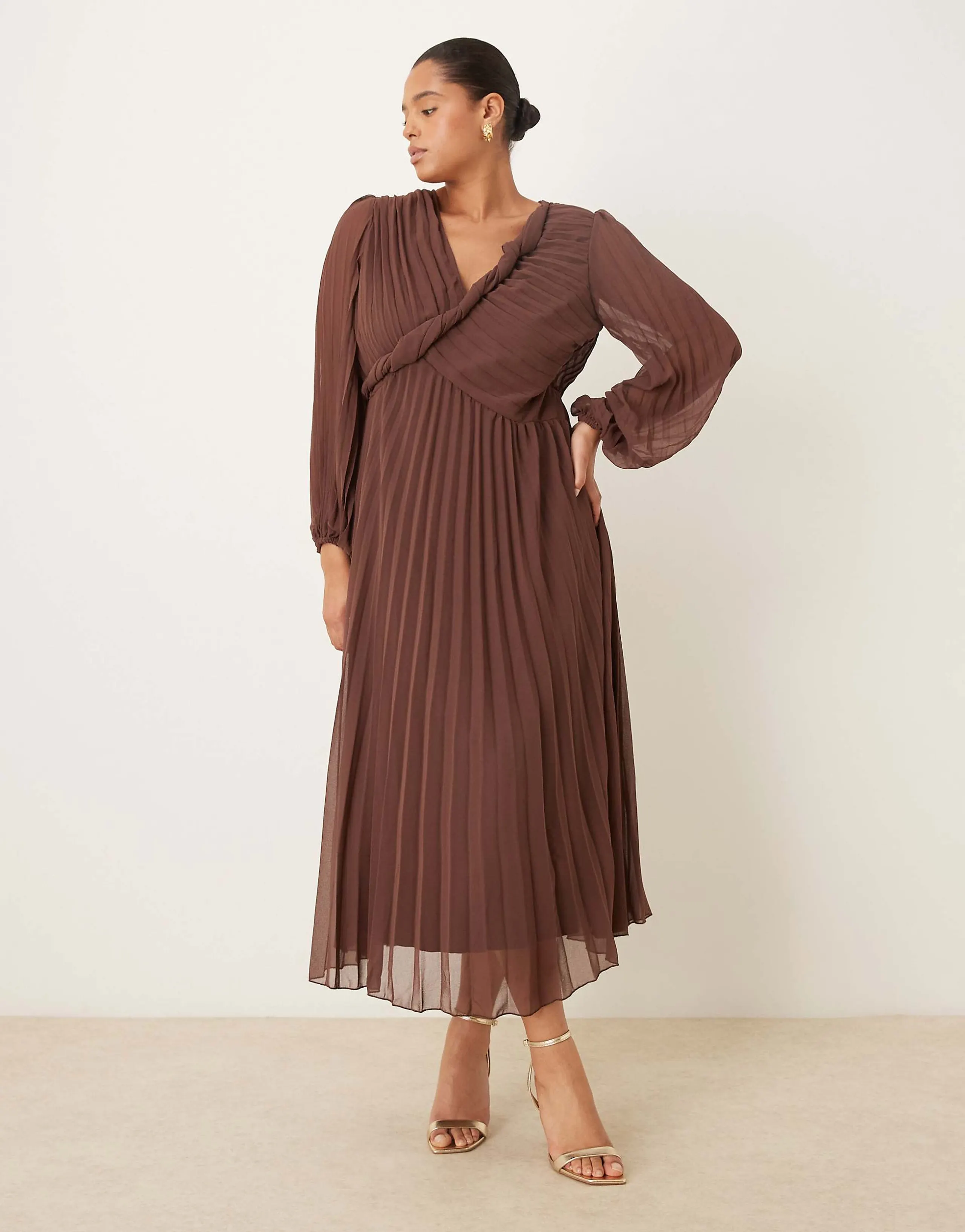 ASOS DESIGN Curve twist detail wrap front pleated midi dress in chocolate