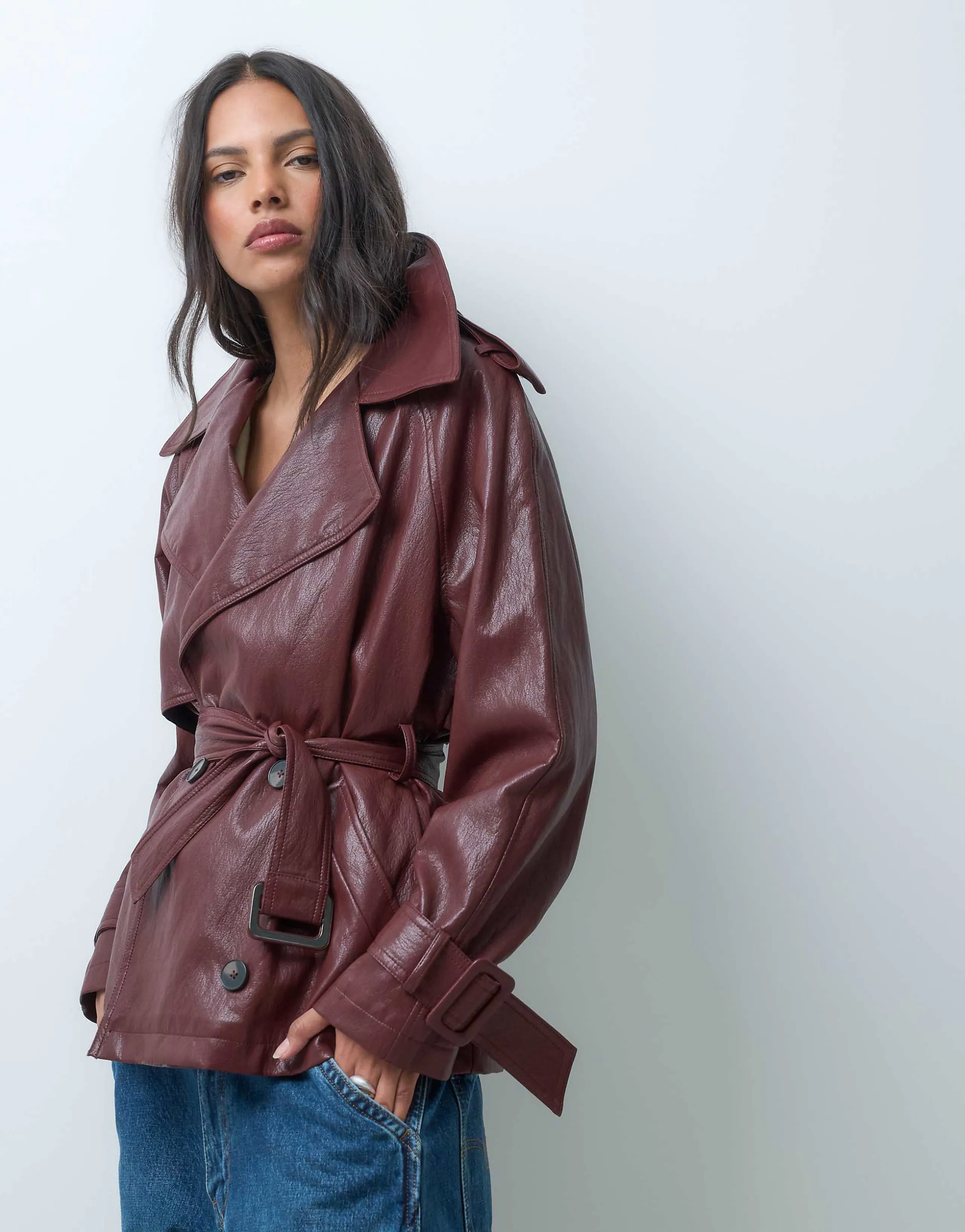 ASOS DESIGN short leather look trench coat in cherry red