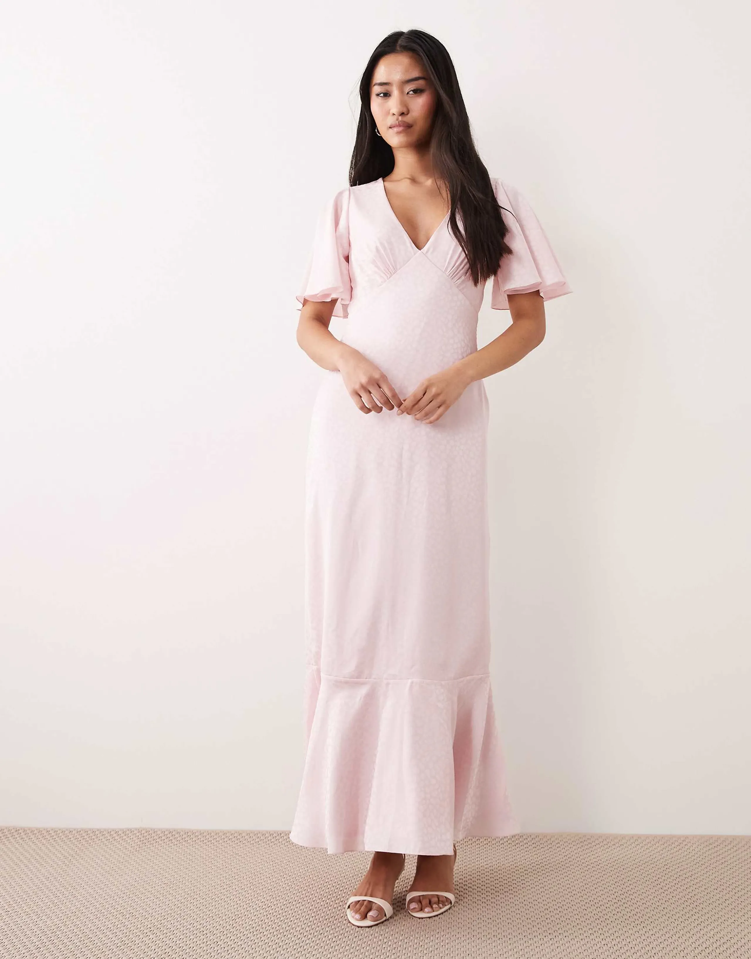 Lace & Beads satin jacquard v neck ruffle hem maxi dress in light pink