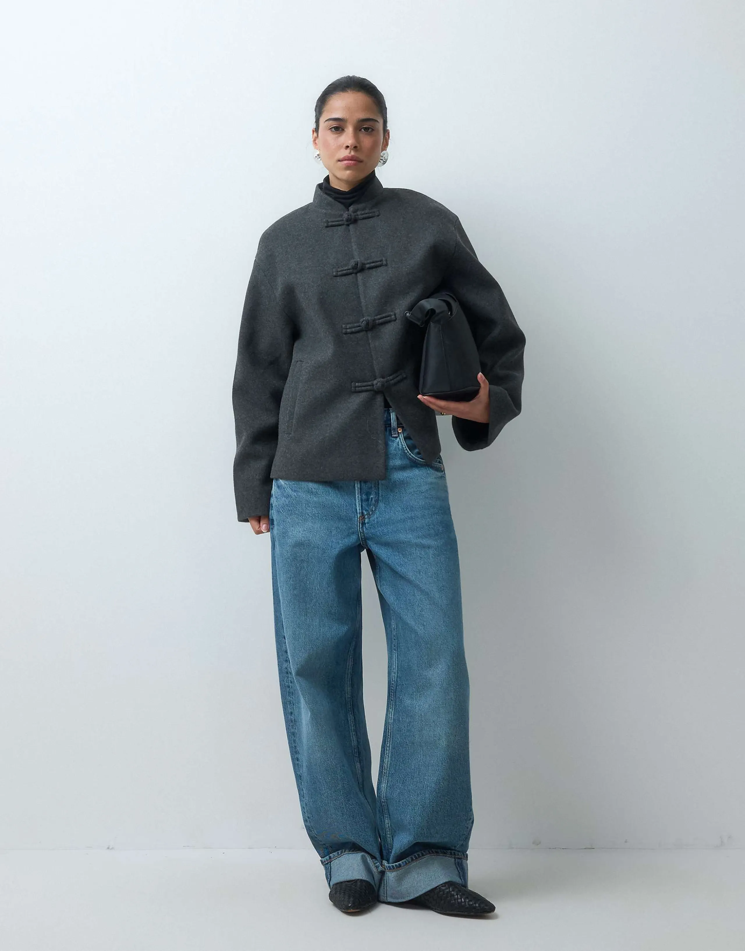 ASOS DESIGN collarless formal jacket with frog closure trim in charcoal