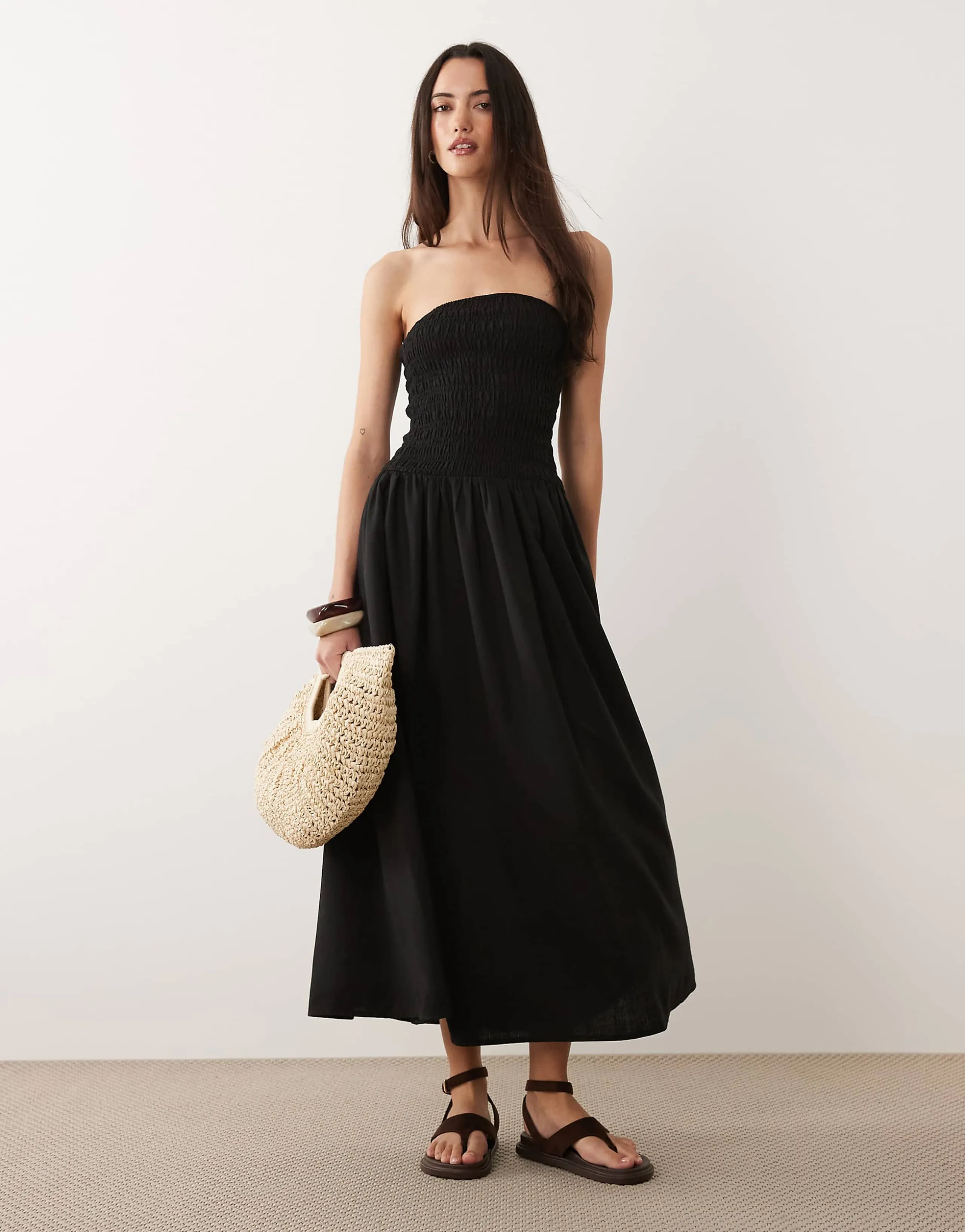 Brave Soul strapless midi dress with shirred bodice in black