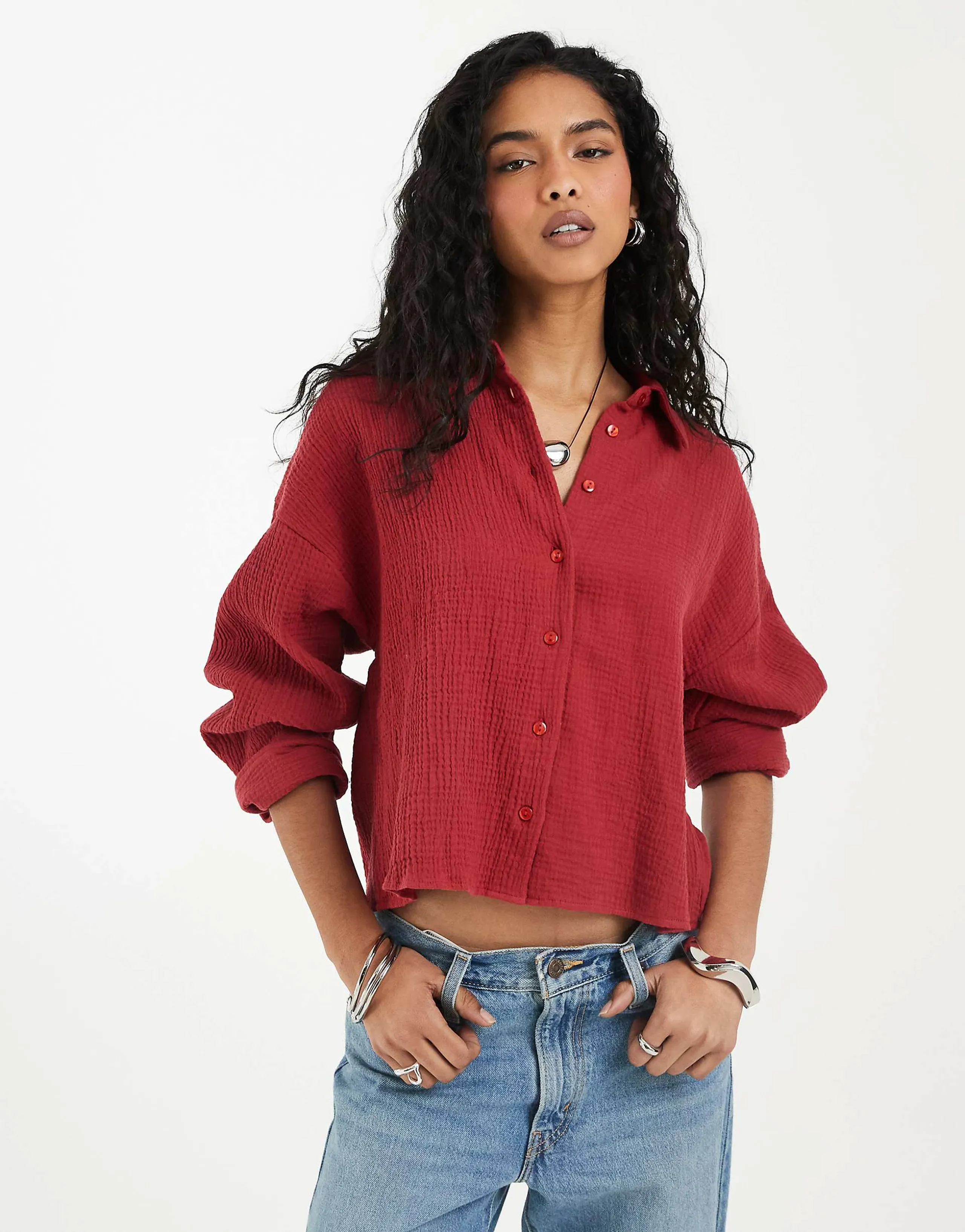 ASOS DESIGN cropped textured cotton rich shirt in burgundy