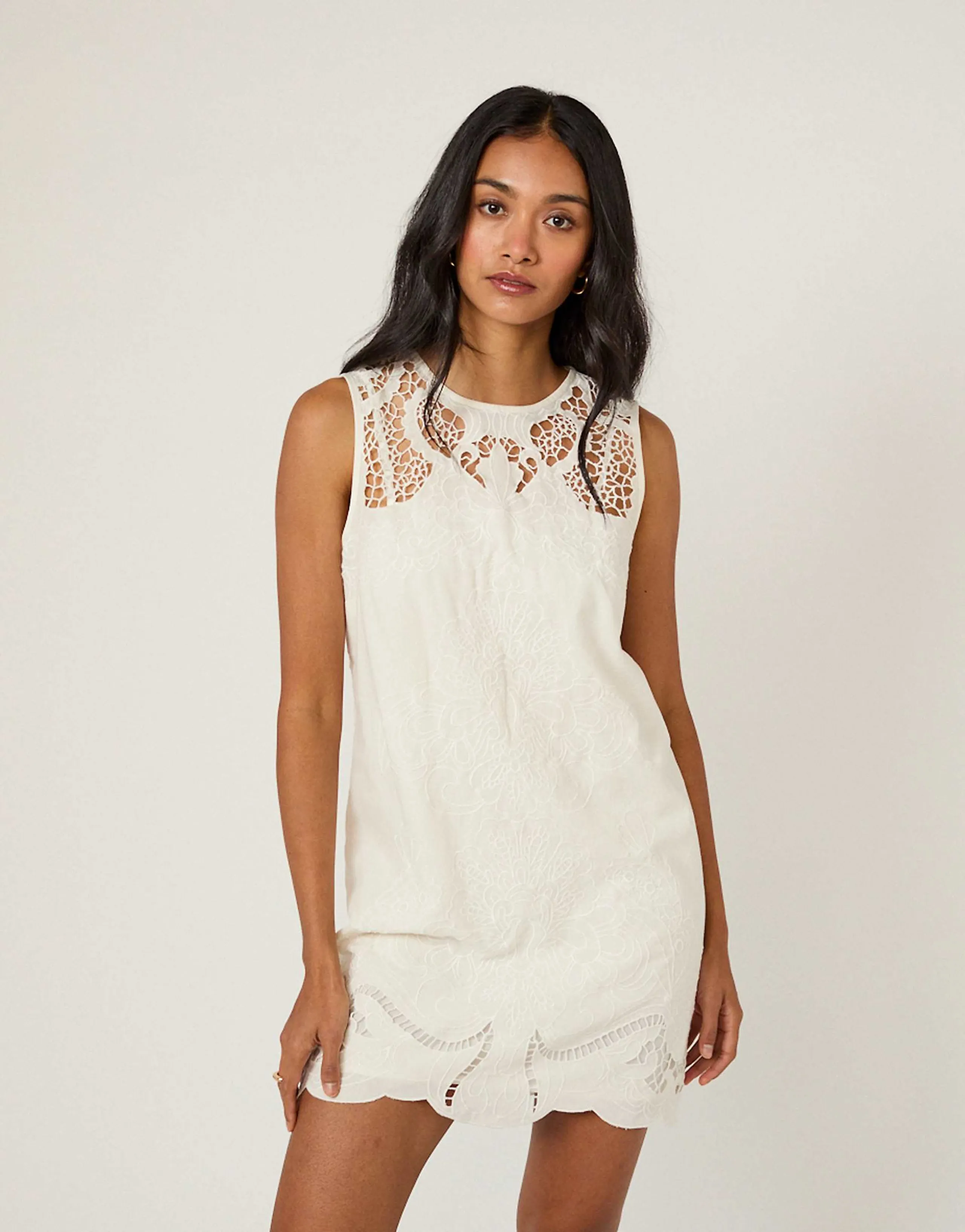 Nobody's Child Sonia cotton blend broderie detail sleeveless mini dress in white