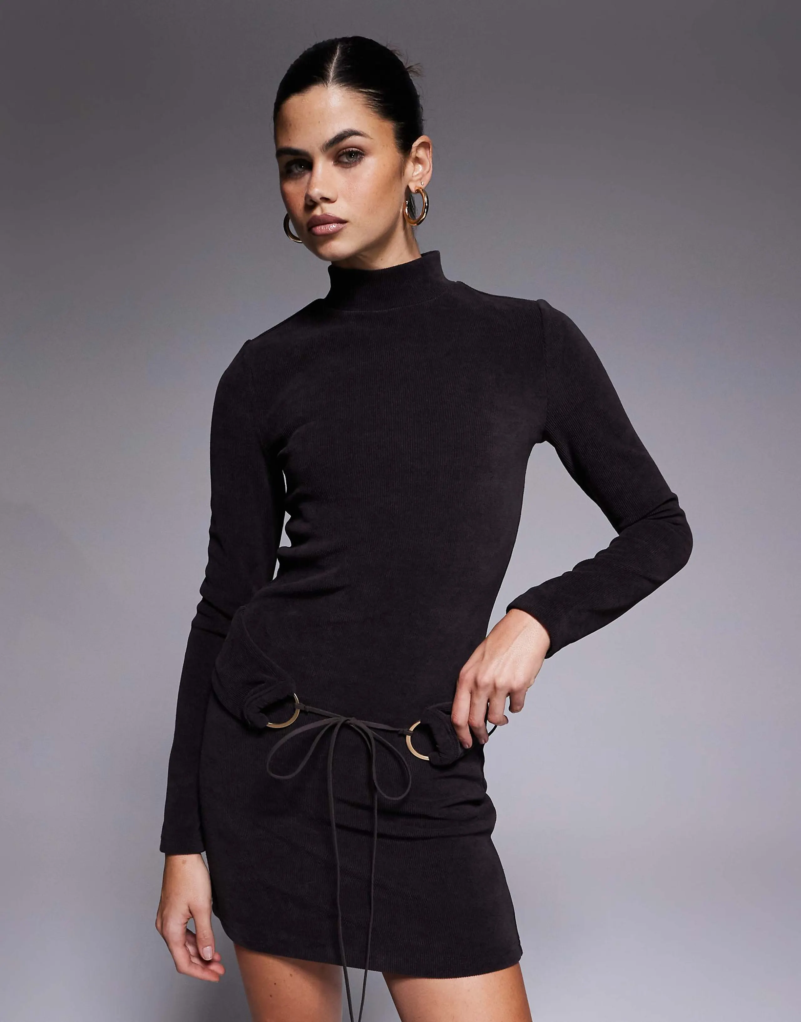 ASOS DESIGN high neck cord mini dress with hardware in chocolate