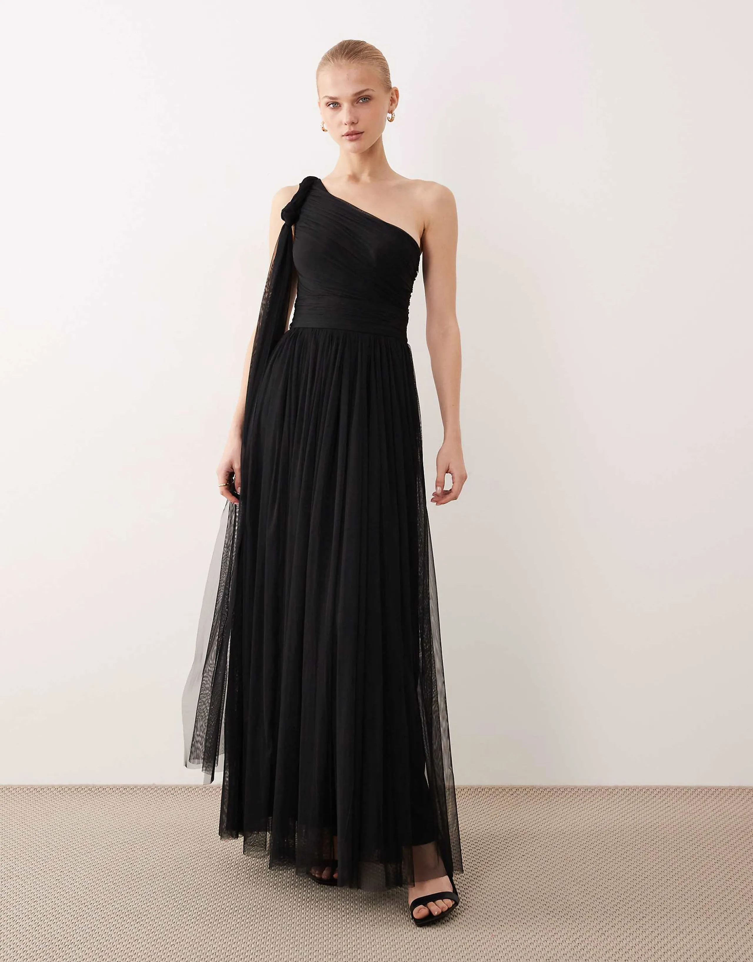 Lace & Beads Bridesmaid one shoulder scarf neck maxi dress in black