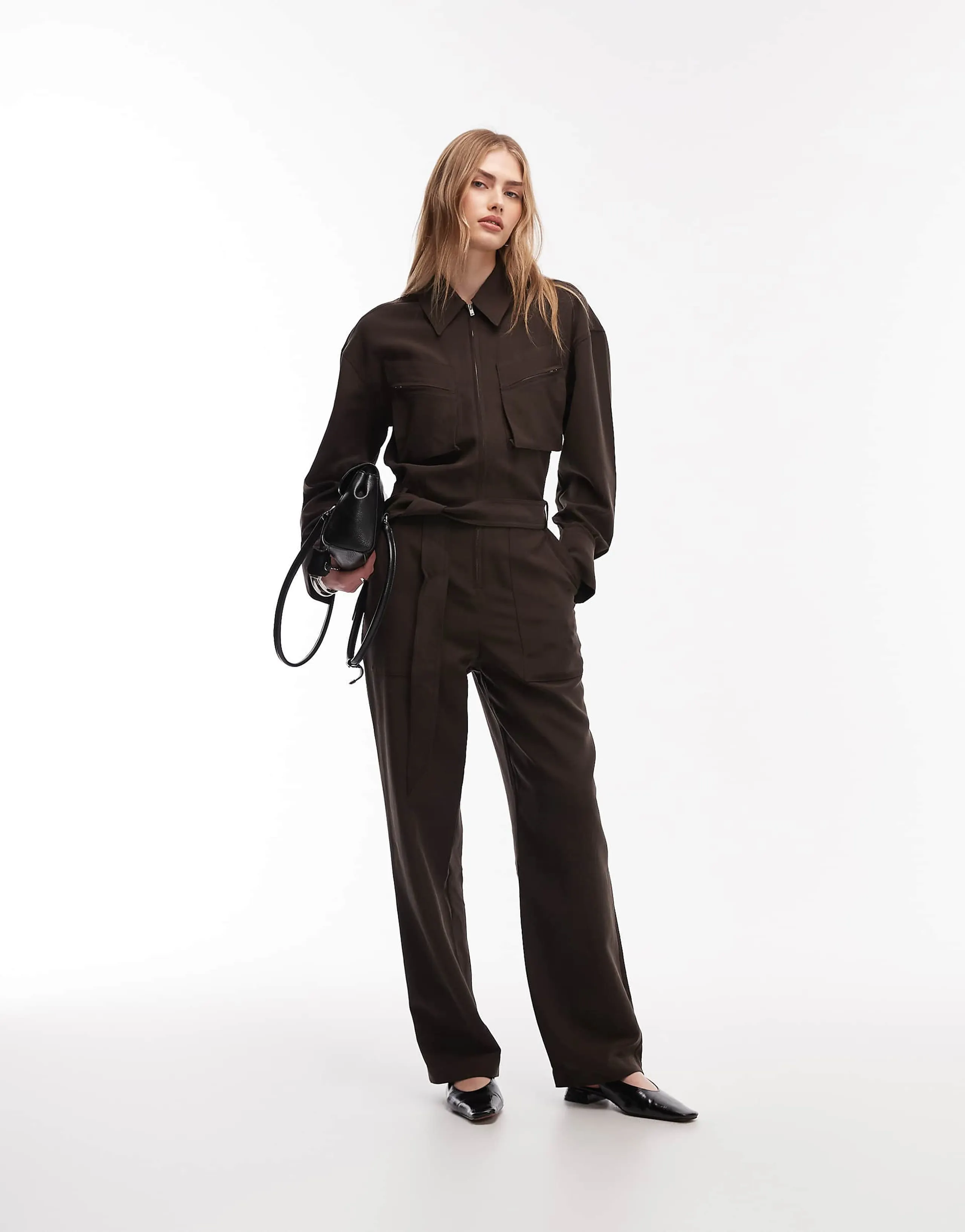 & Other Stories pure cotton utility style jumpsuit with tie front belt in brown