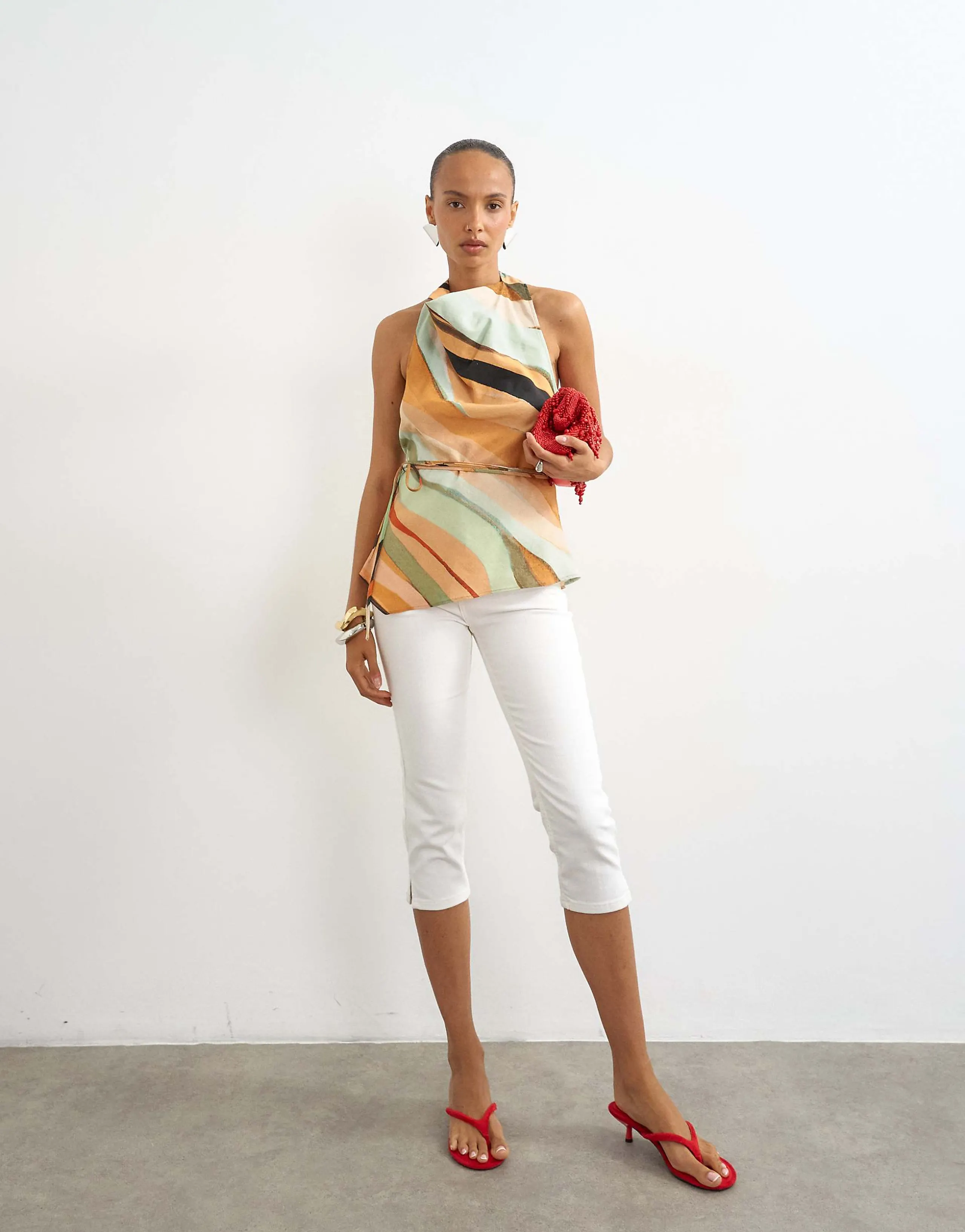 Topshop halter tie waist top in abstract print
