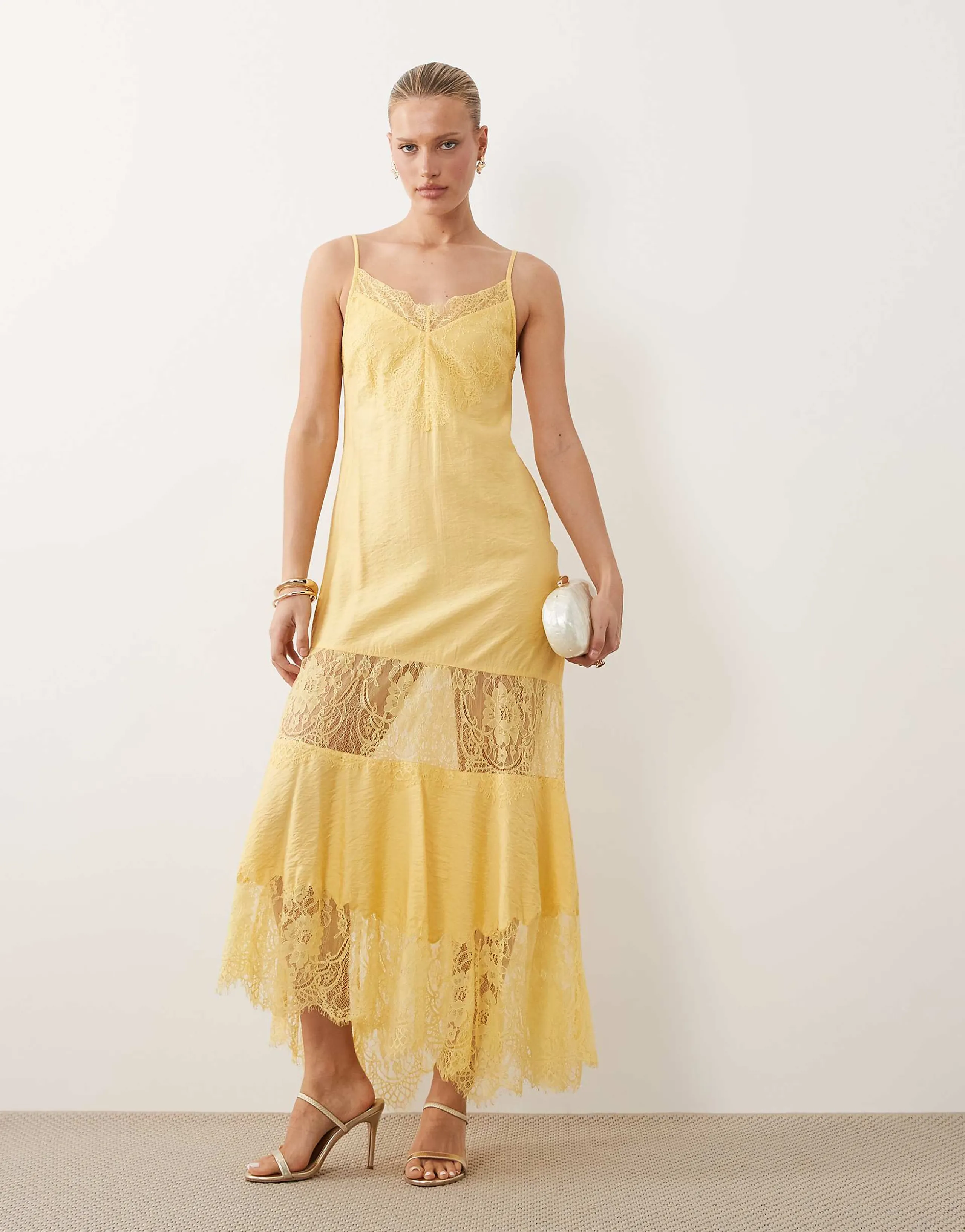ASOS DESIGN lace insert hanky hem maxi dress in ochre