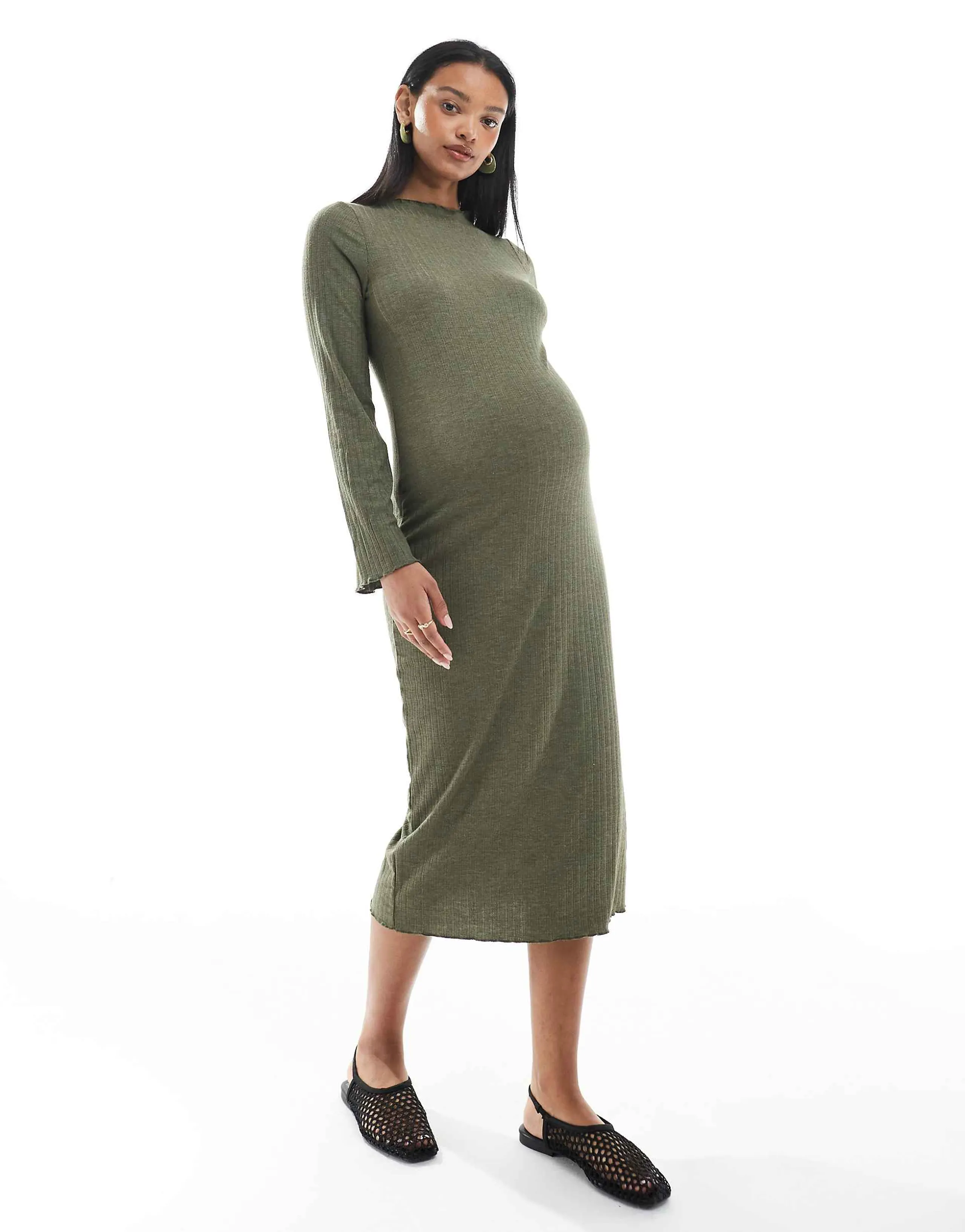Mamalicious Maternity ribbed midi dress with lettuce edge detail in khaki