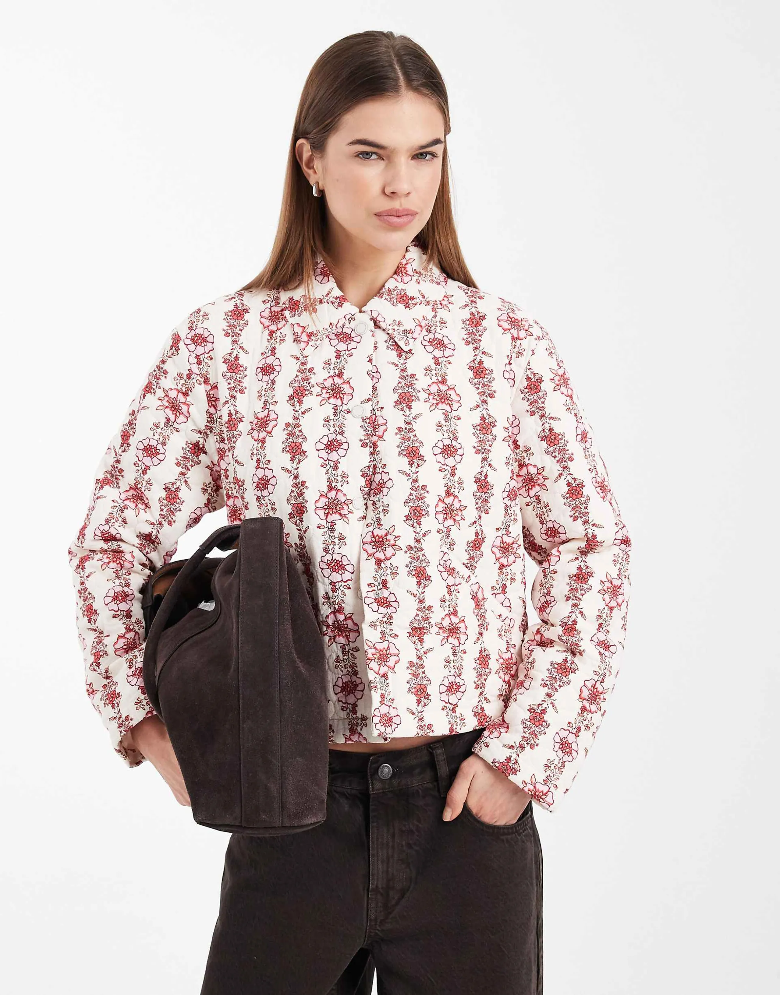 ONLY quilted jacket in cream with pink floral print