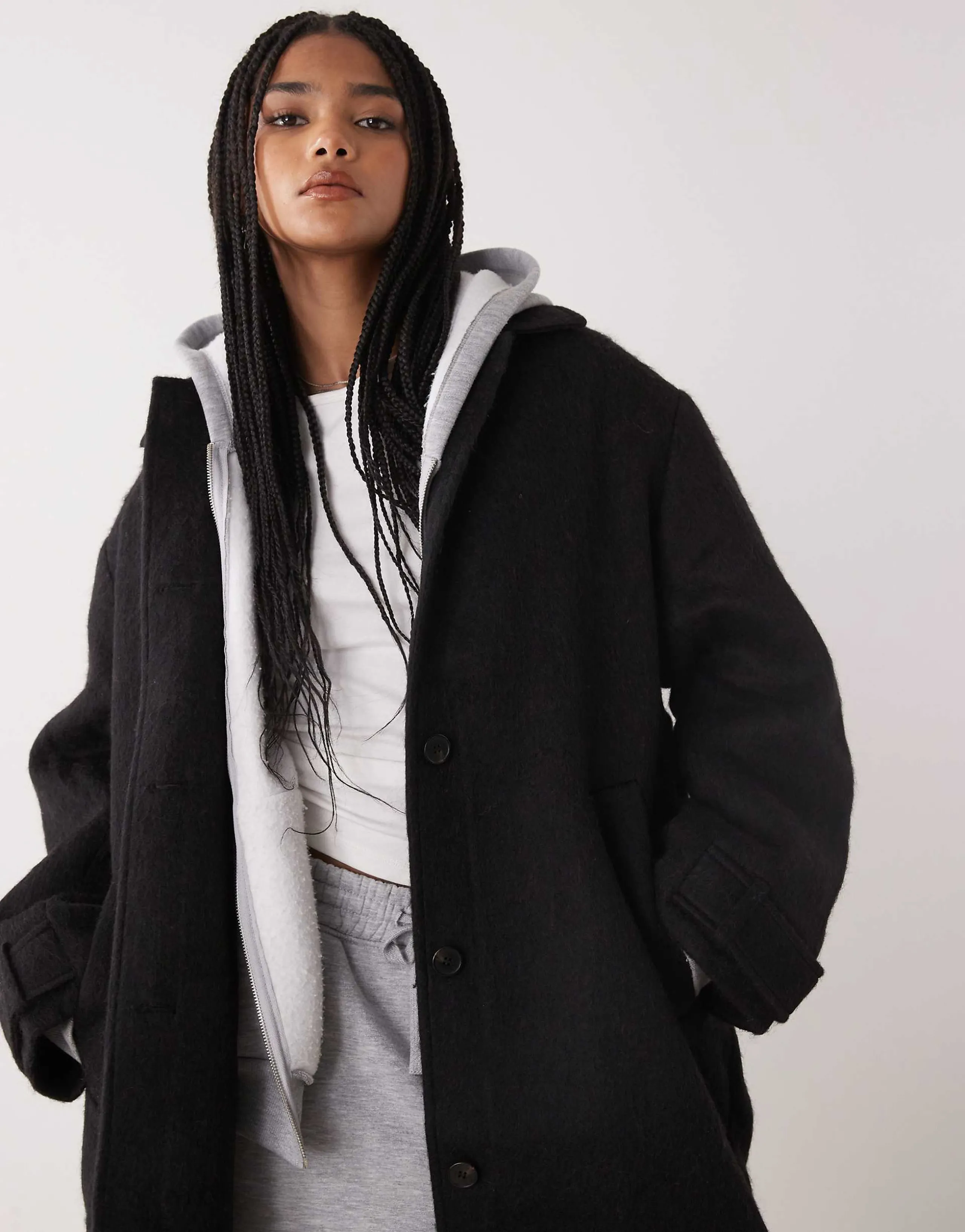 Monki longline coat with wool in black
