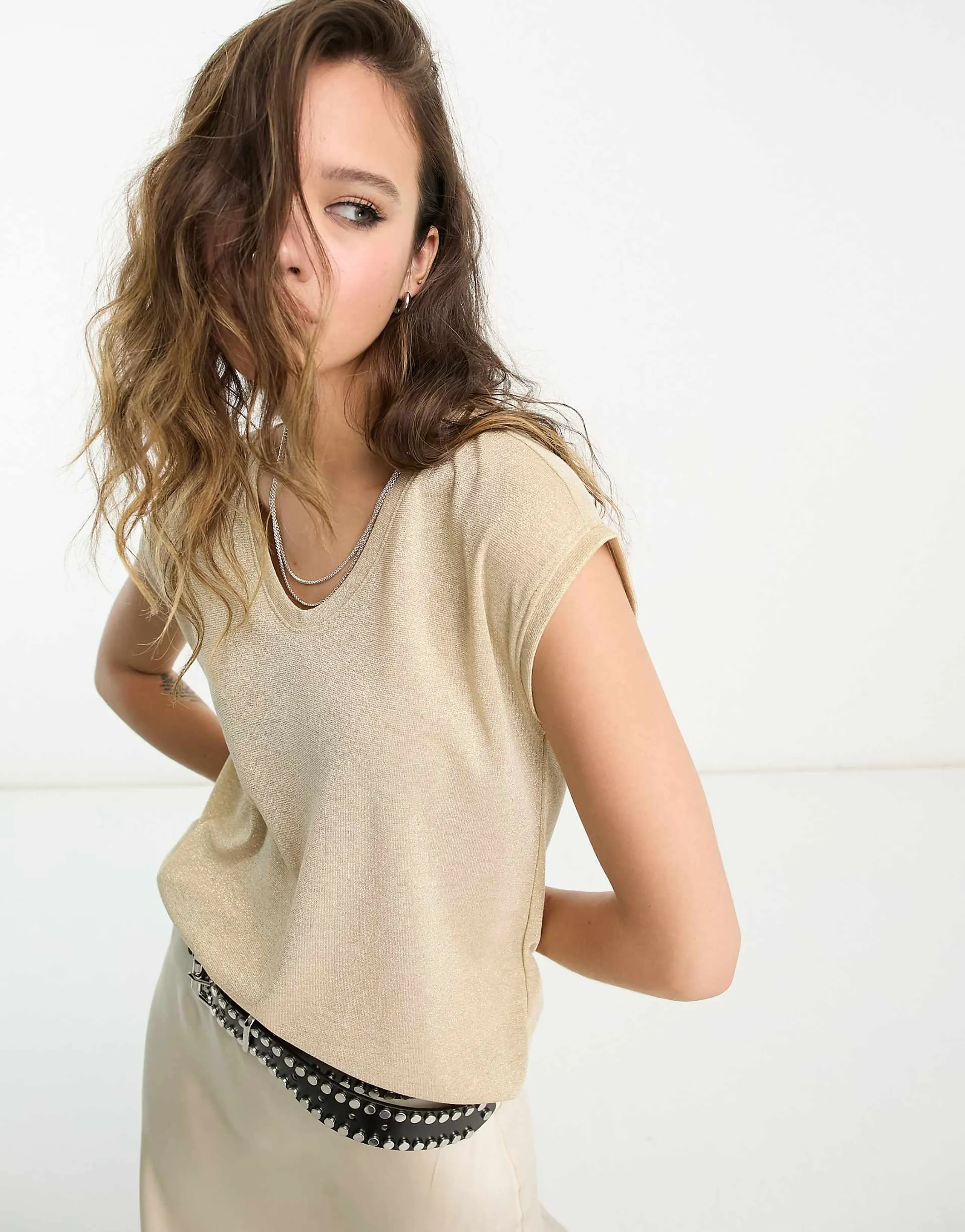 Only v neck t-shirt in gold metallic 