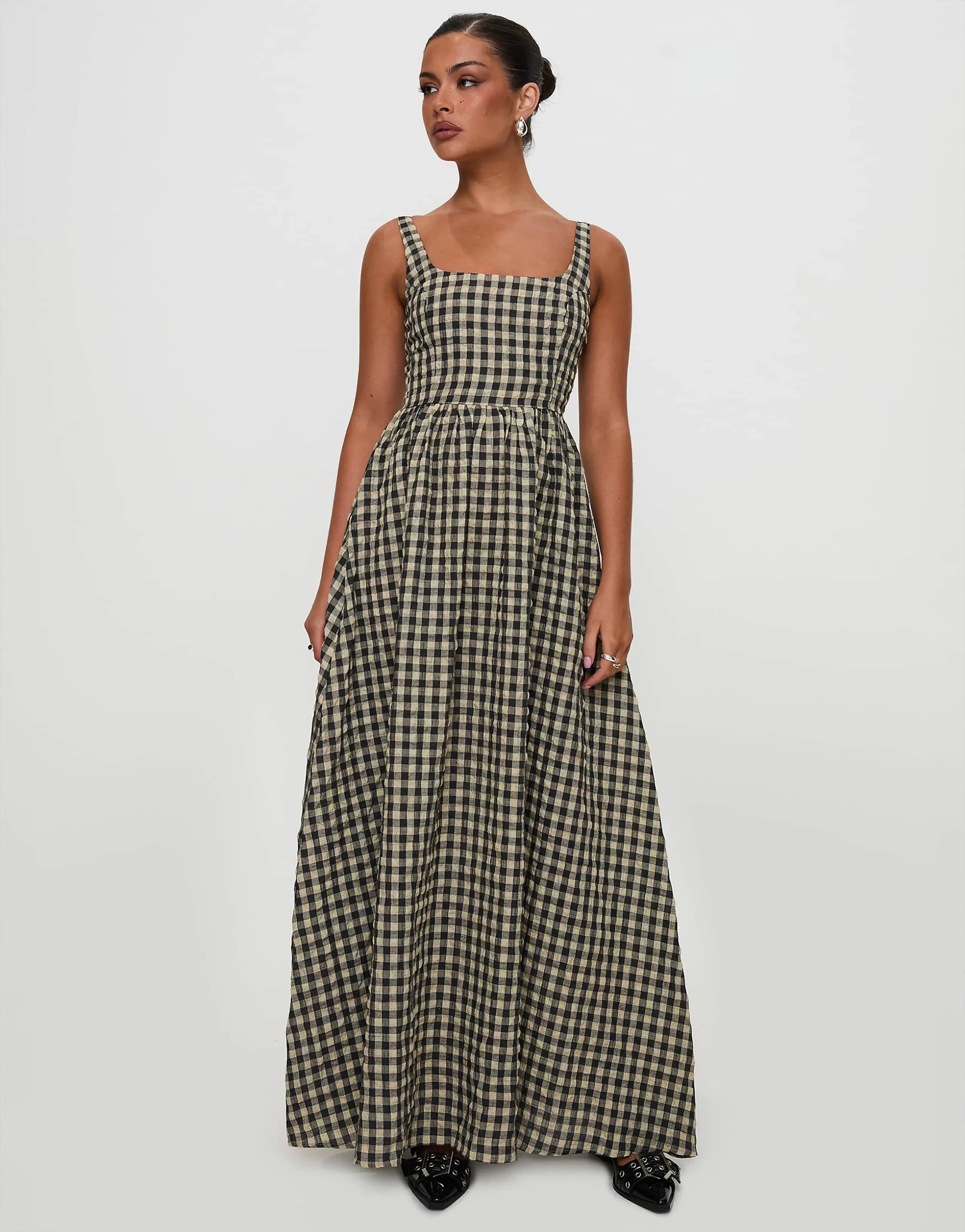 Princess Polly Cartmel seersucker square neck maxi dress in black and beige gingham