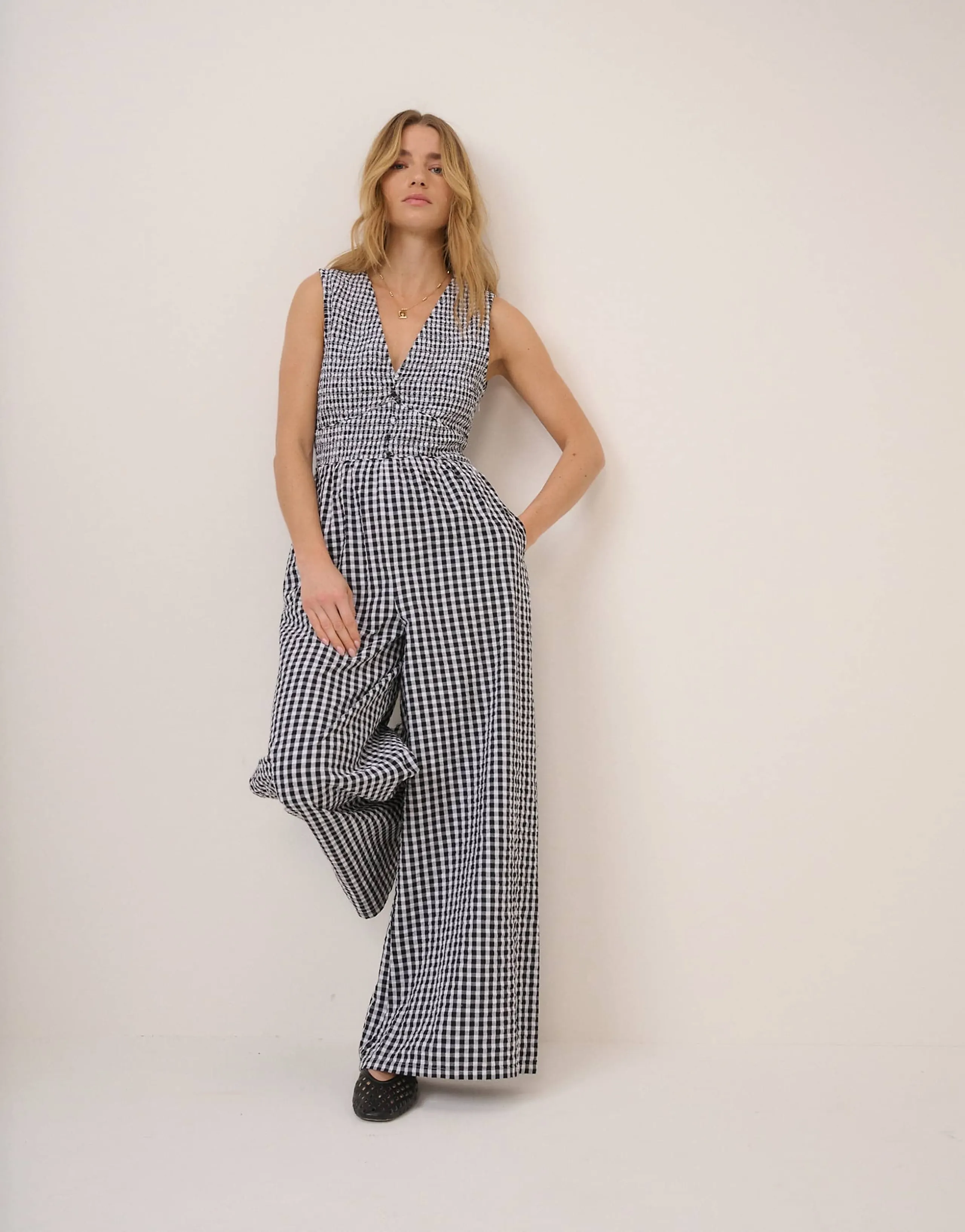 Nobody's Child Carmen sleeveless v-neck cotton jumpsuit in black gingham