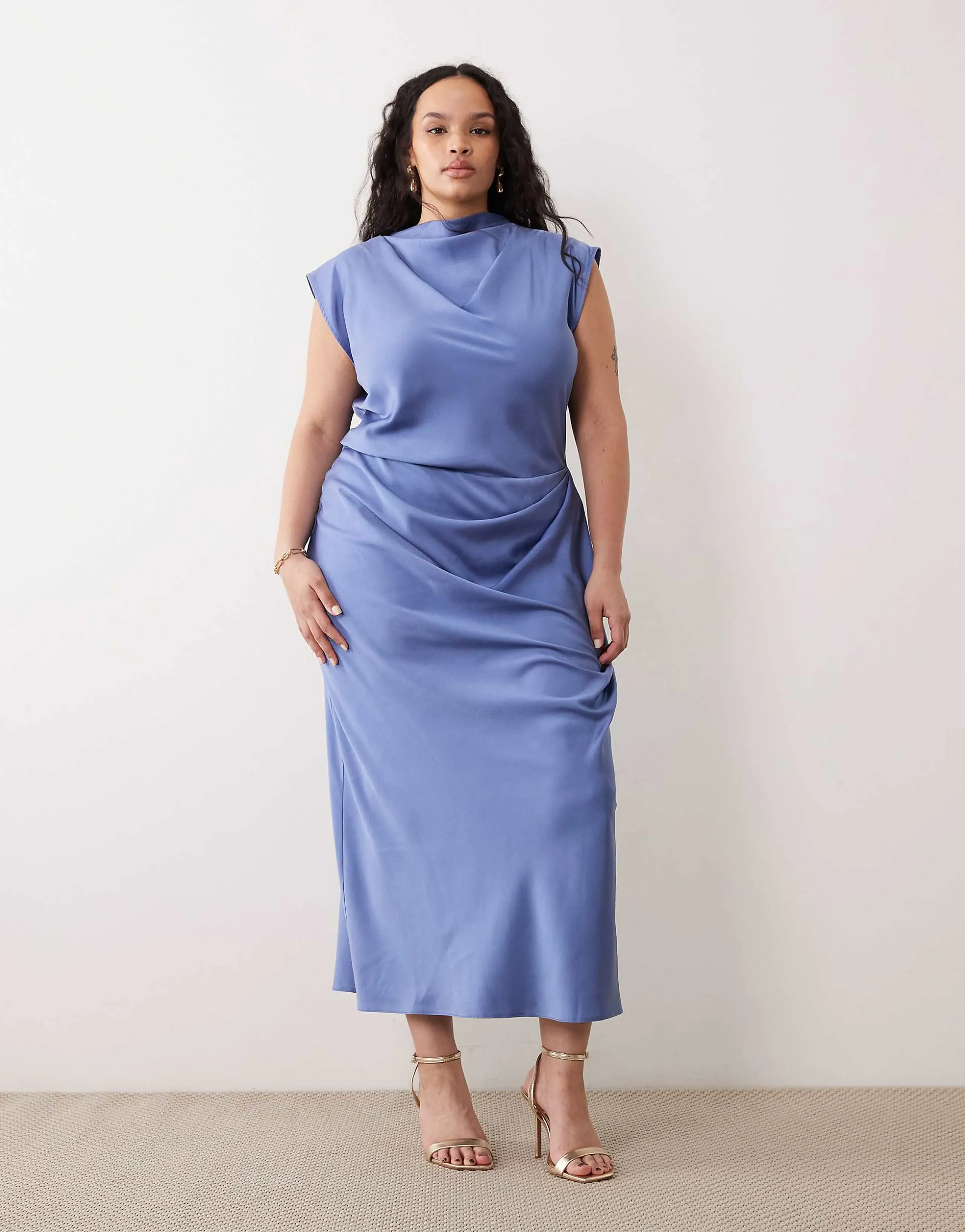 ASOS DESIGN Curve satin high neck pleated bodice midi dress in blue